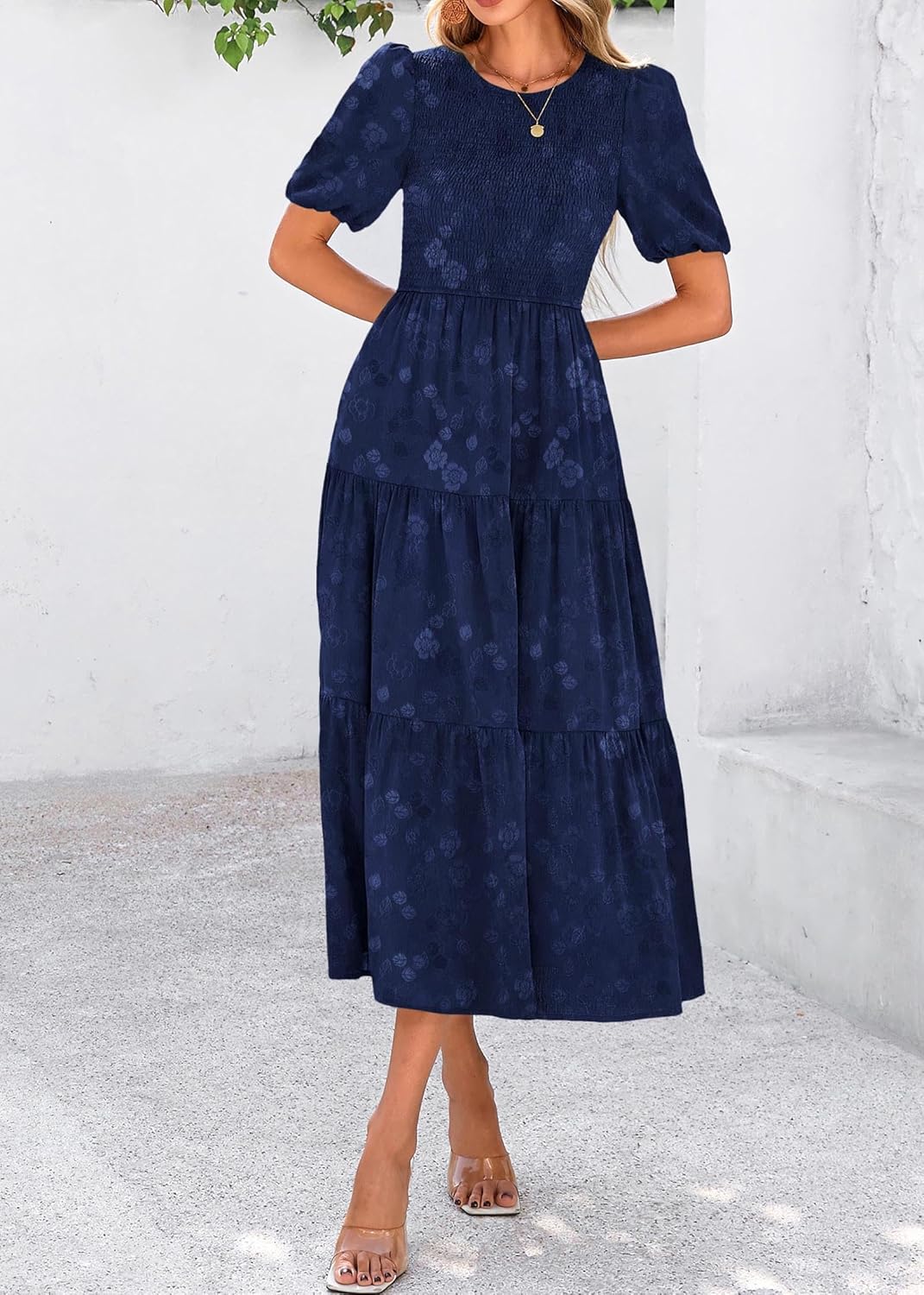 KIRUNDO Womens Summer Dresses Wedding Guest Floral Midi Sundress Short Puff Sleeve Flowy A Line Smocked Tiered Boho Dress - Image 6