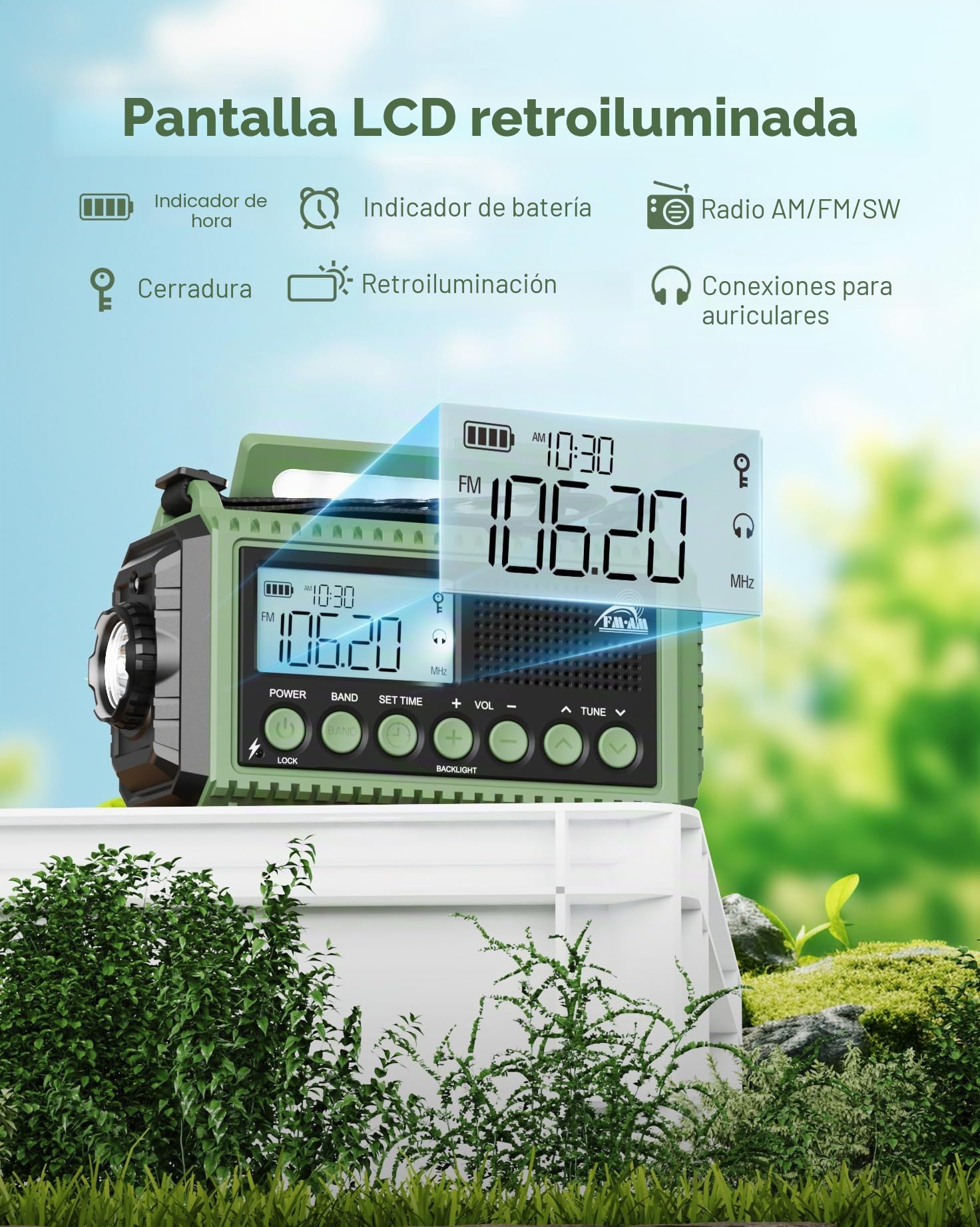 Roxicosly Radio de emergencia AM/FM/SW - Radio solar portátil con batería de 12000 mAh, pantalla LCD, linterna y luz de lectura, USB, alarma SOS, manivela de mano, equipo de emergencia para camping,