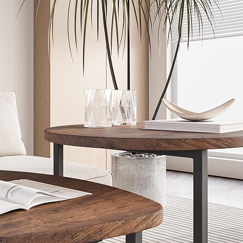 Miniatura 6 de HOJINLINERO Juego de 2 mesas auxiliares redondas para sala de estar, mesa de centro pequeña negra, mesa de estar, marco de metal con aspecto de