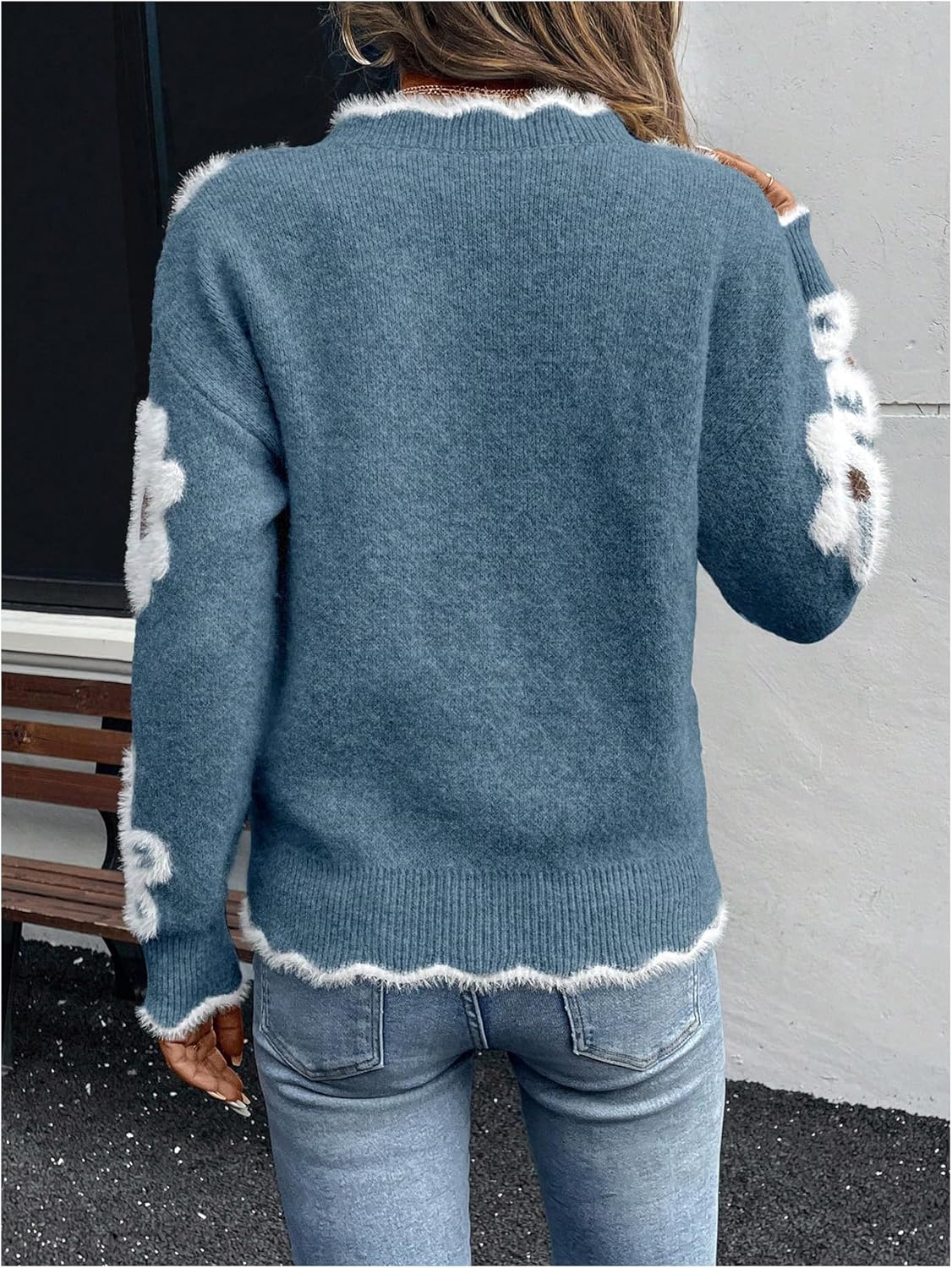 SHENHE Women's Floral Sweater V Neck Long Sleeve Drop Shoulder Knit Sweaters Pullover Tops - Image 2