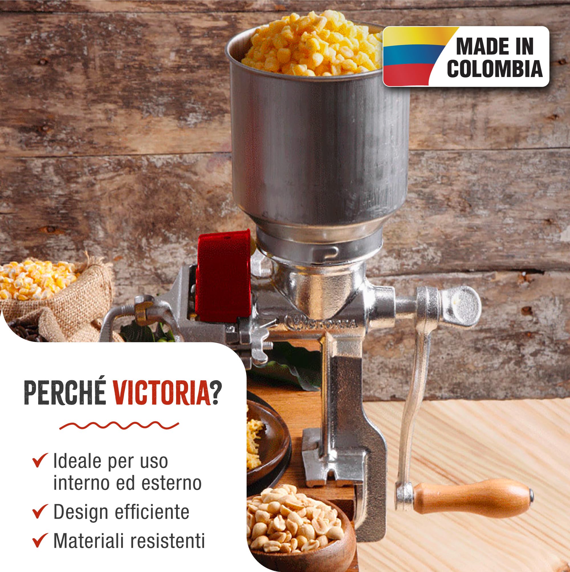 Victoria Mulino Grano Manuale Macinino Cereali in Ghisa per Macinare Caffè, Mais, Avena, Spessore di Macinatura Regolabile, Tramoggia Alta, Grain Grinder con Morsetto da Tavolo