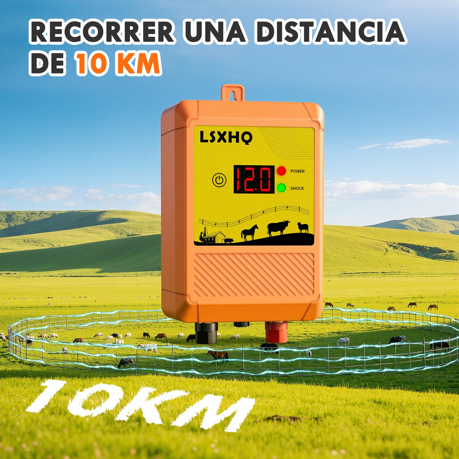 10 km Cerca Eléctrica para Ganado y Animales, Energizador de Cerca Eléctrica de Corriente de Salida 12 kV 2,0 J con Pantalla LED, Protección para Caballos, Ovejas, Jardín, Pastos y Granja (Naranja)