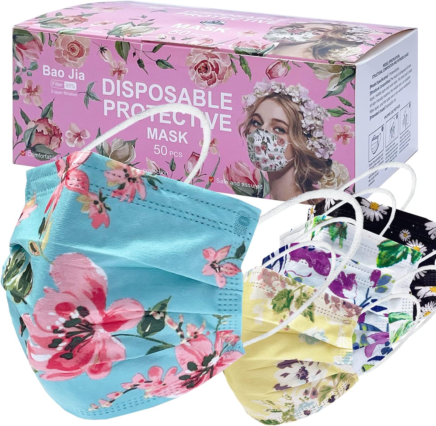 50PC Floral Disposable Face_Mask for Adult, 3Ply Colorful