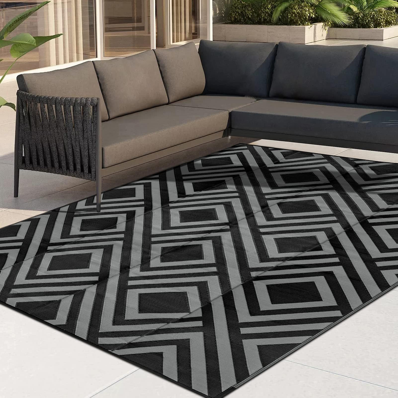 Ashler Grey and Black Outdoor Patio Rug, Waterproof Rug for Outside, 5x8 Plastic Straw Rug, Clearance Reversible Camping Mats, Outdoor Area Rugs with Carrying Bag, for RV, Picnic, Backyard, Indoor