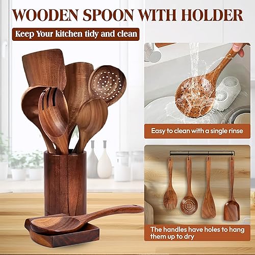 Miniatura 9 de KitchenClick - Juego de 9 cucharas de madera para cocinar, juego de utensilios de madera de teca con ganchos, soporte para cuchara, soporte
