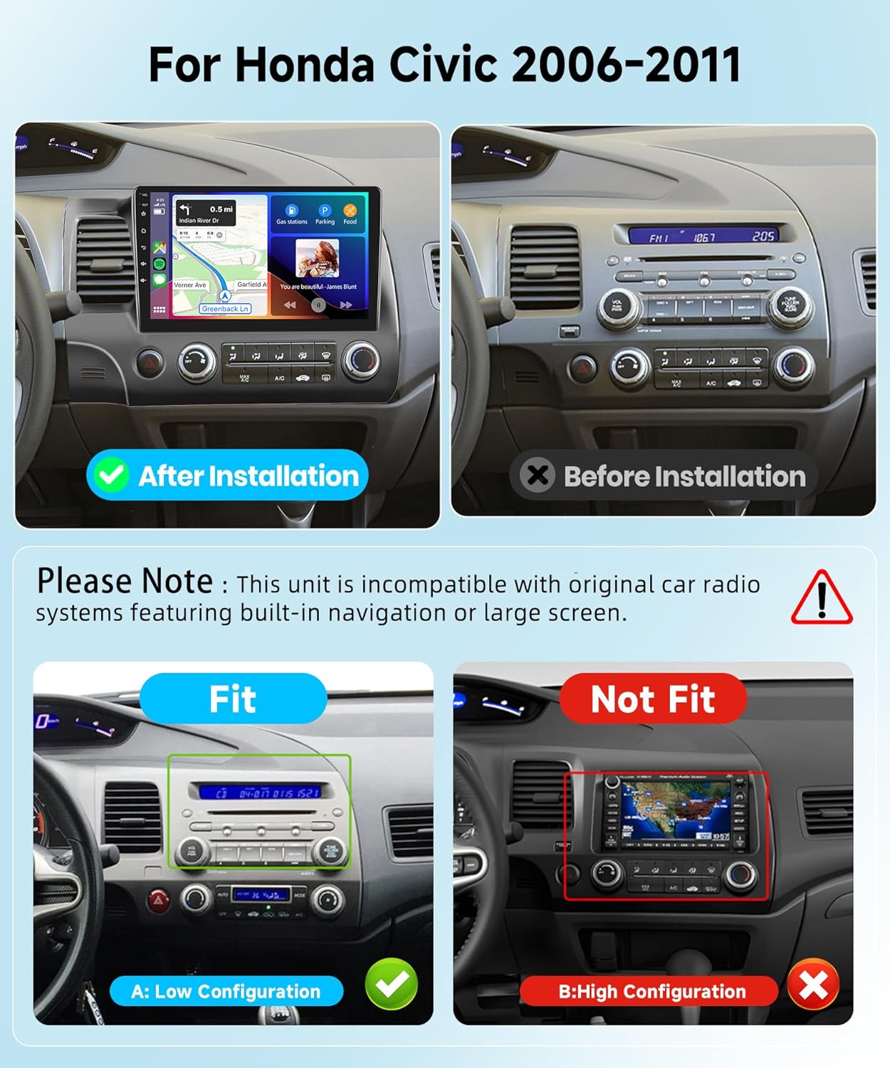 Compatibility guide for Honda Civic car stereo showing low configuration as fit and high configuration as not fit