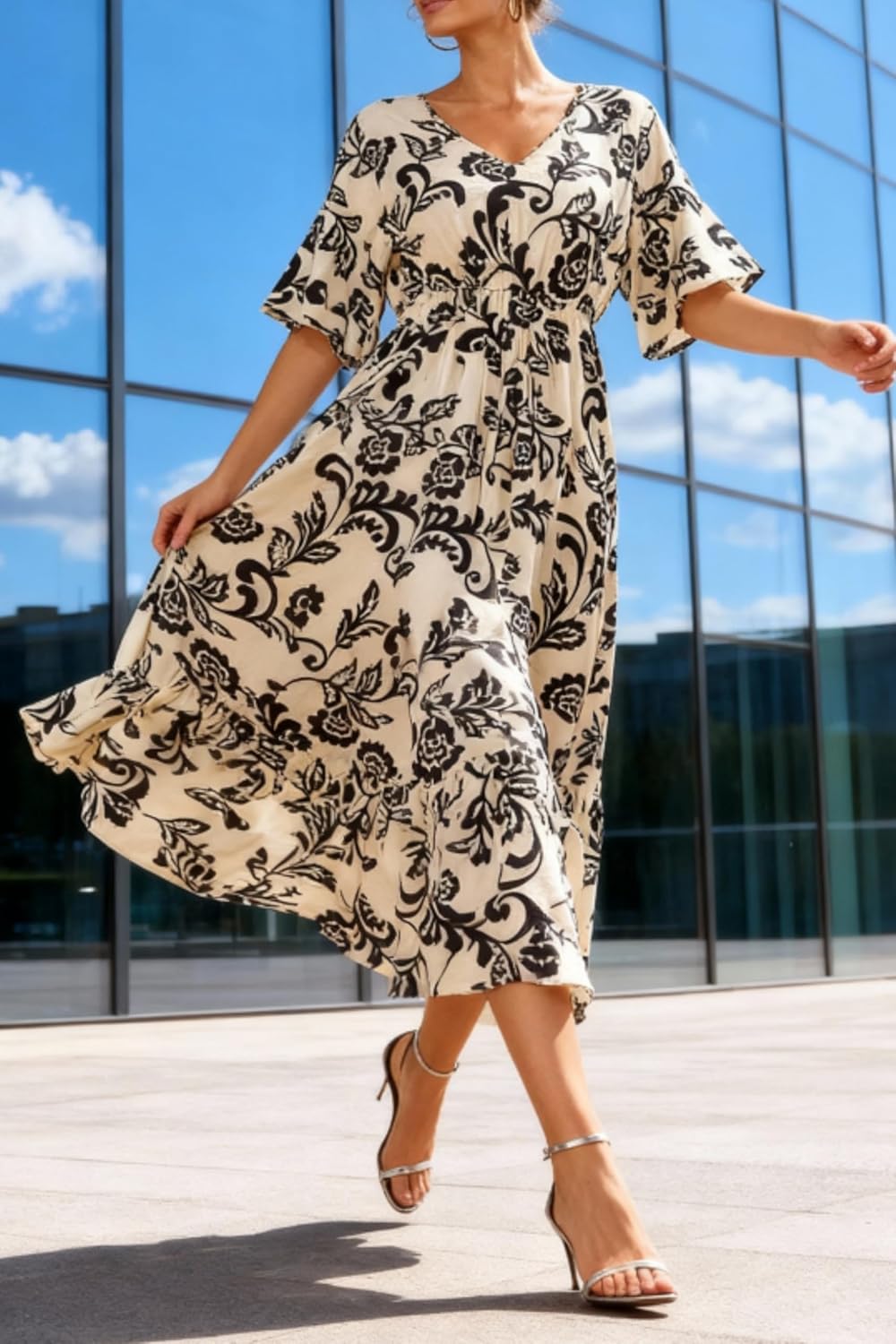 Women's Summer Short Sleeve Maxi Floral Flowy Dresses with Pockets - Image 3