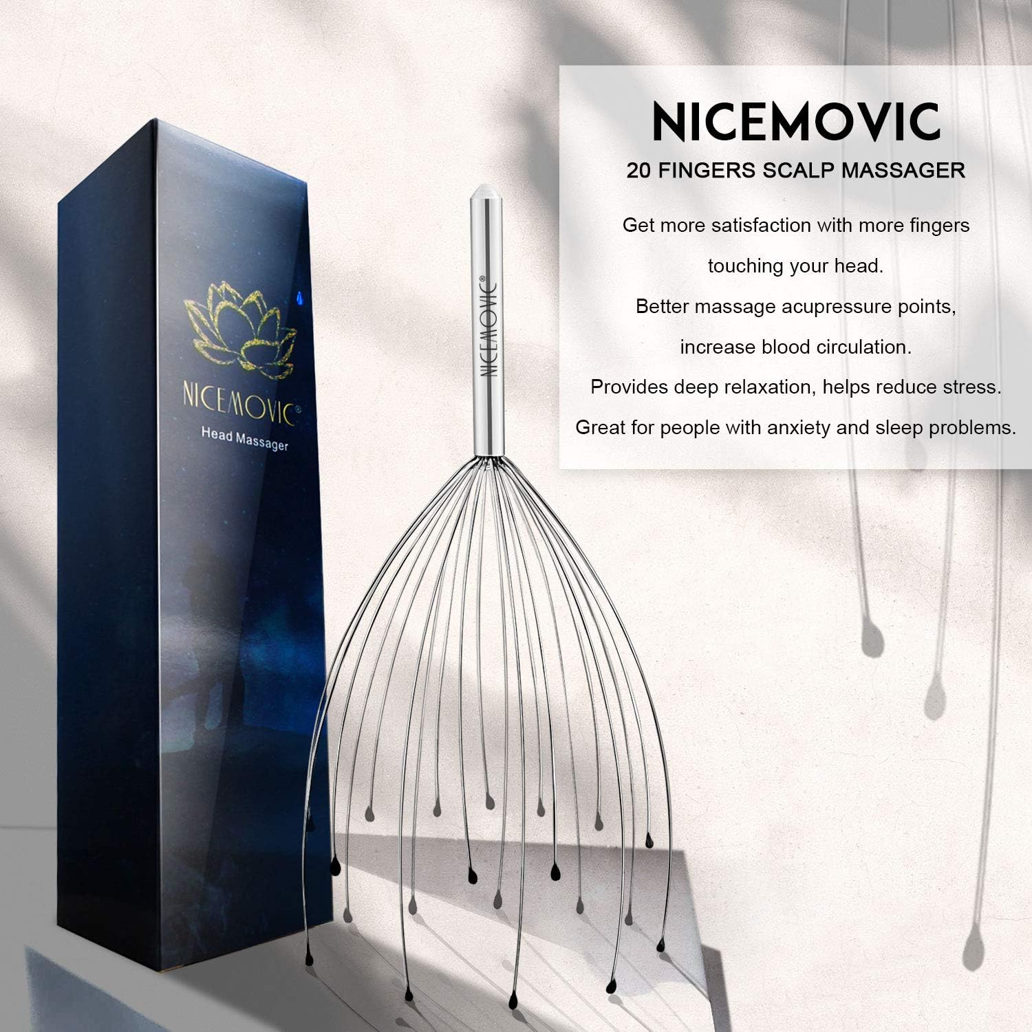 NICEMOVIC Scalp Massager, Head Massager Scratcher Tingler with 20 Fingers, Hair Scalp Scratcher for Deep Relaxation and Stress Relief(Silver) : Health & Household
