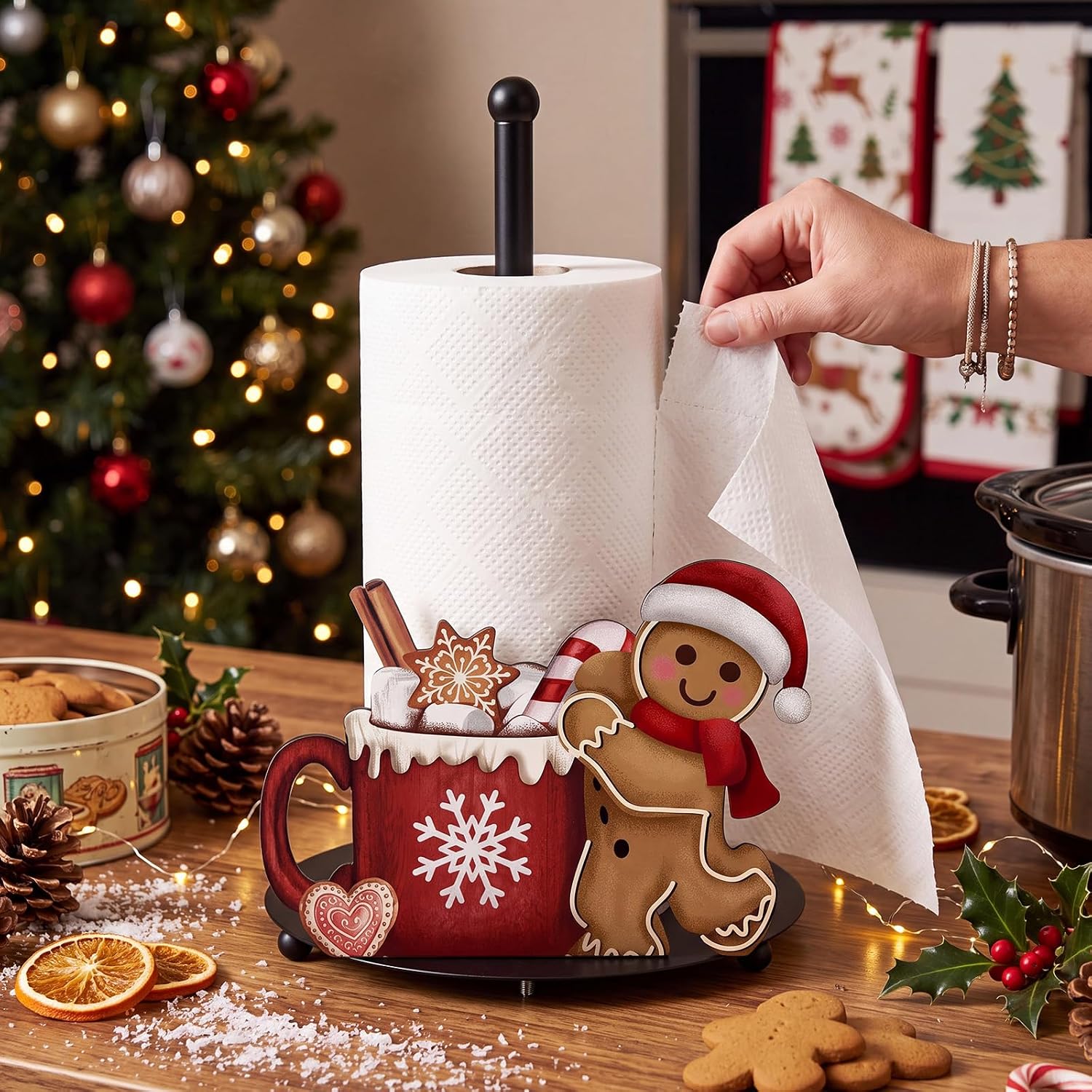 Christmas Paper Towel Holder, Gingerbread Man Metal Stand image 2