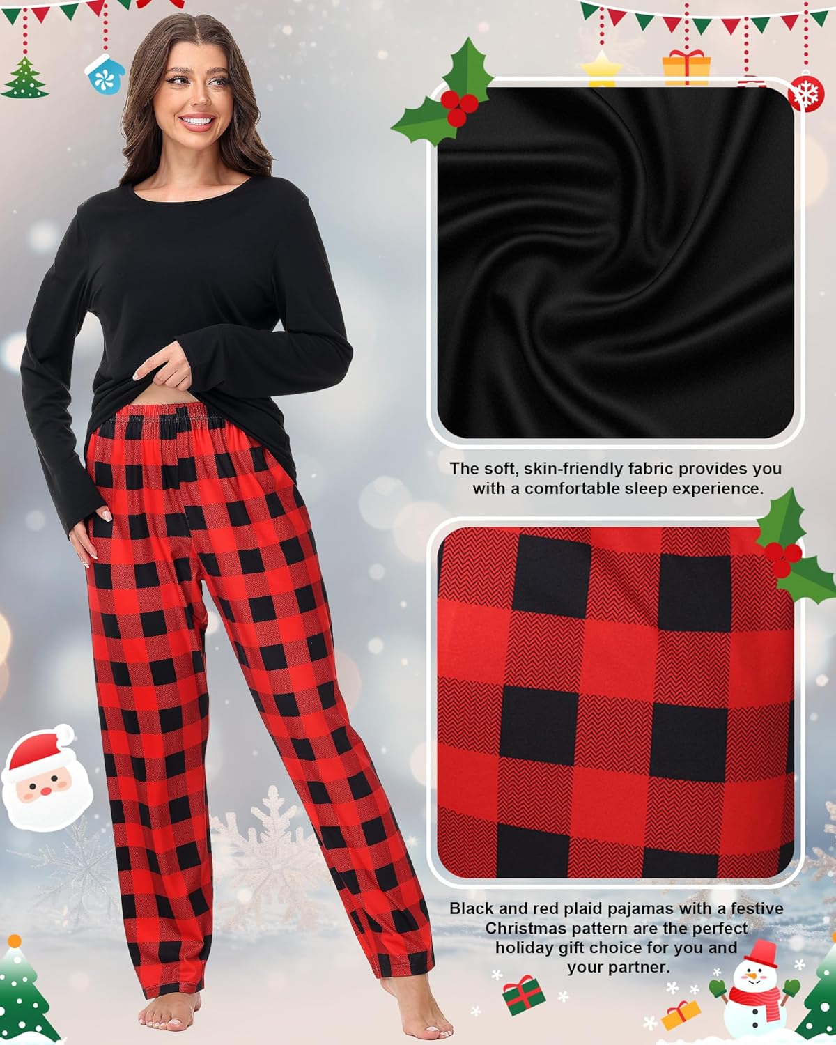Hillban Couples Christmas Matching Pajamas Sets Family Buffalo Plaid Pants and Long Sleeve Tee Loungewear for Holiday - Image 5