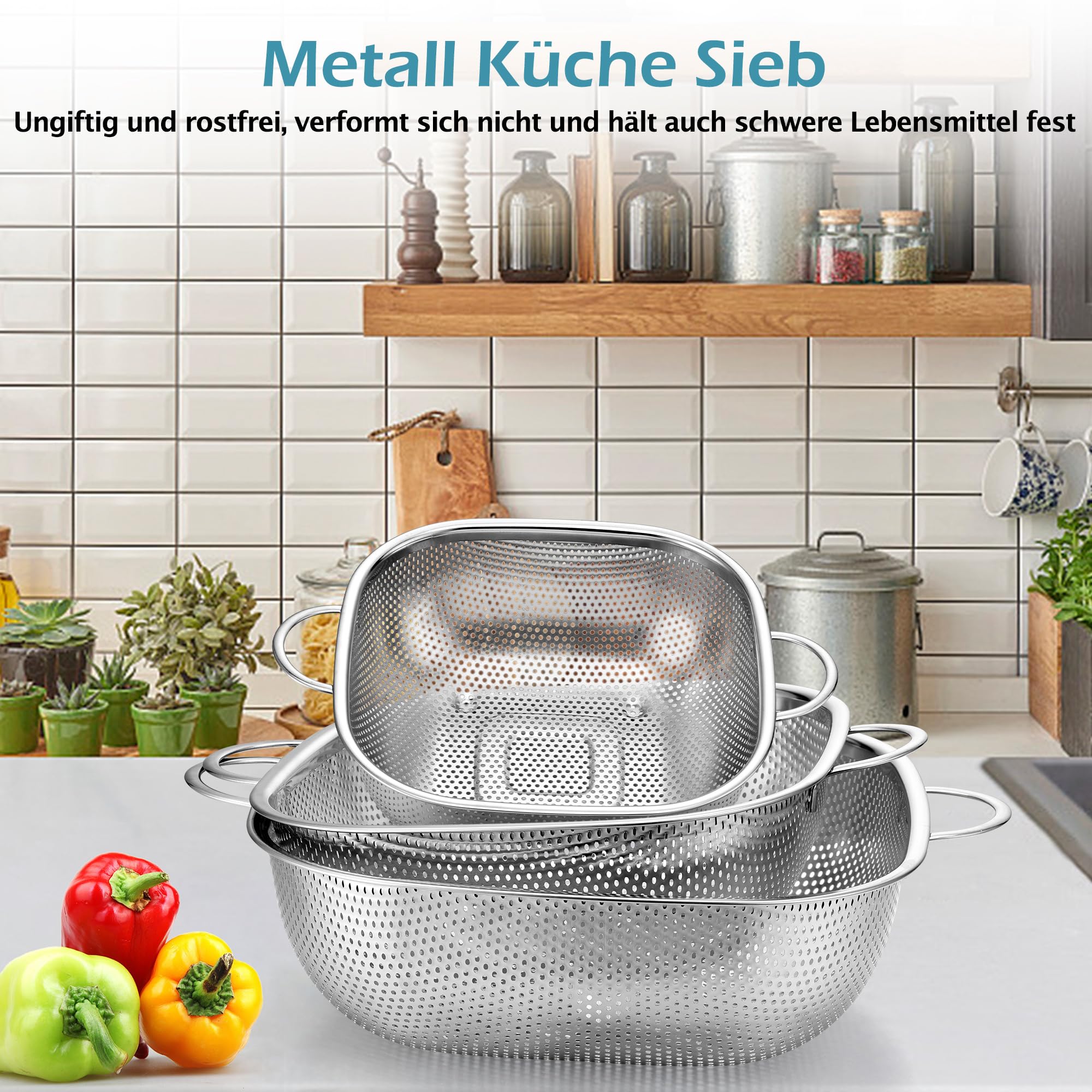 Herogo Zestaw sito 3-częściowy, sito kuchenne z nierdzewnej stali do makaronu z uchwytem, 20/24/28 cm, Mikro-perforowany kwadratowy cedzak do makaronu, owoców i warzyw, gładka krawędź i uniesiona