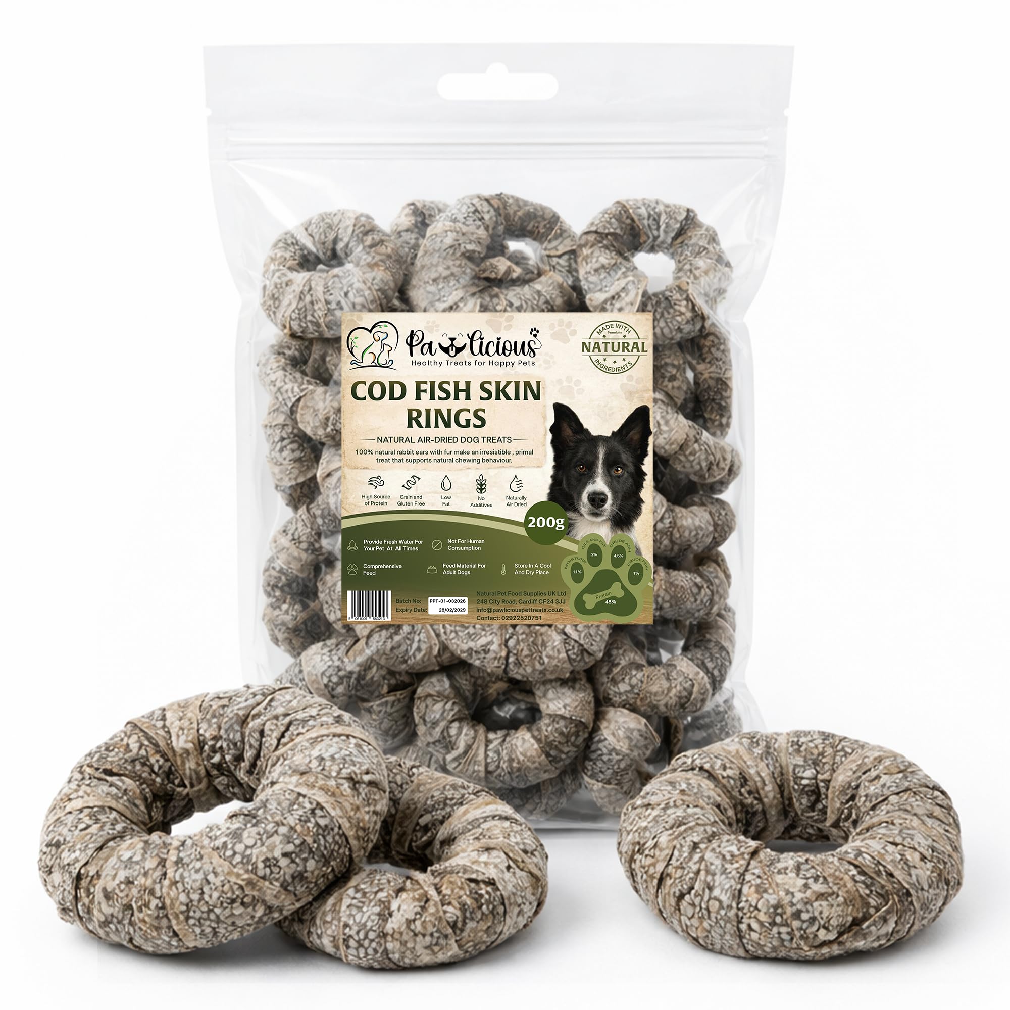 Pawlicious 200g Cod Fish Skin Ring for Dog Treats, (Approx 5 rings) Fish Donuts, Healthy & Natural Treat for Dogs, Air Dried Hypoallergenic Grain Free, Low Fat & High Protein Dog Chews,