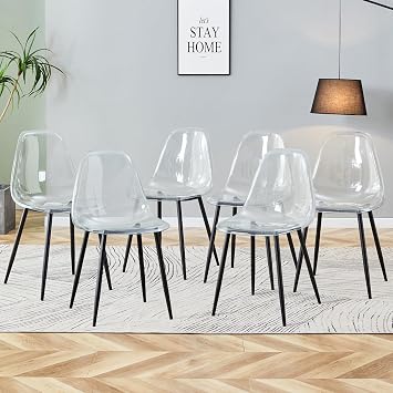 Clear Dining Chairs Set of 6, Clear Acrylic Chair with Metal Legs, Modern Kitchen Chairs Ideal for Counter Dining Room Living Room Outdoors Lounge - Black