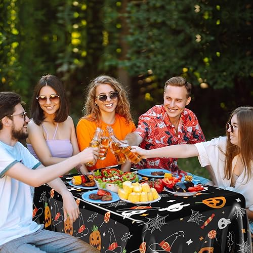 Miniatura 7 de PLULON Paquete de 3 manteles de Halloween de 54 x 108 pulgadas, tela de araña de calabaza, fantasma, murciélago, mantel de plástico para decoración