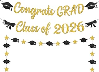 Black and Gold Graduation Banner 2026,Glitter Black and Gold Congrats Grad Banner Class of 2026 Banner,Graduation Caps Garland,Pre-Strung Graduation Banner for Graduation Decorations 2026