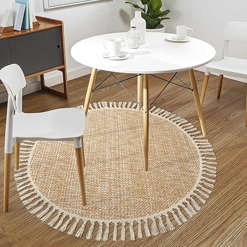 Miniatura 6 de Collive - Tapete redondo tejido a mano de algodón suave, lavable a máquina, rústico, de 4 pies con borlas, circulares, color tostadocrema, para