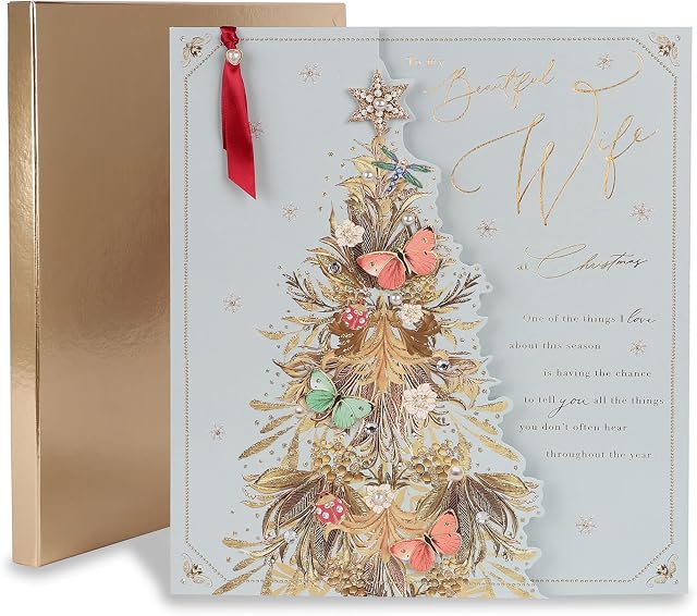Clintons: Wife Decorative Xmas Tree, Christmas Boxed Card for Wife, Wife Luxury Christmas Card, Xmas Card for Wife Luxury, Multi-Colour, 351 x 317 x 15 mm, 1182000