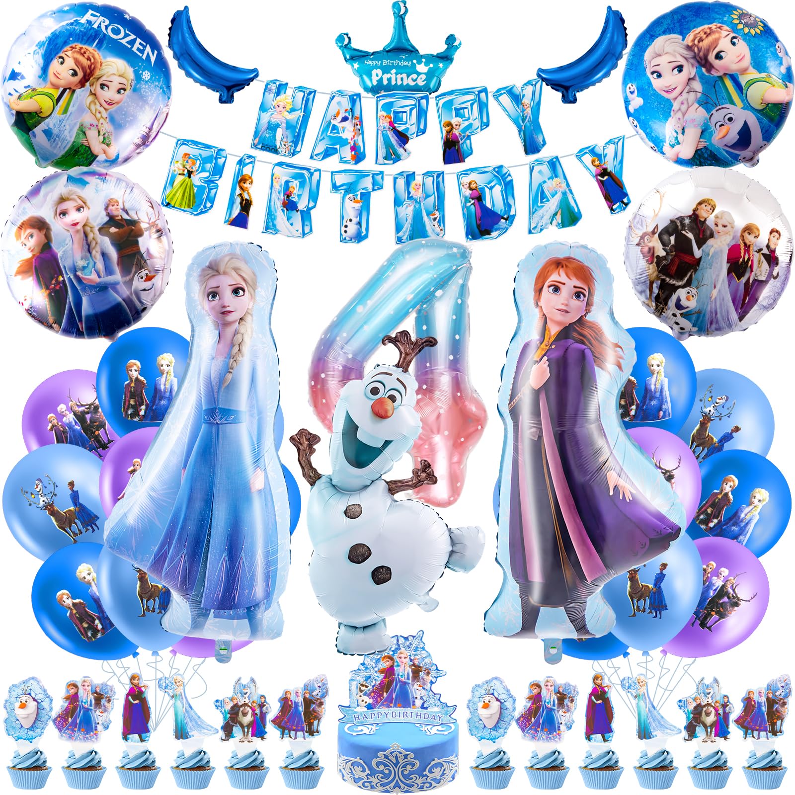 Mavouri Frozen Geburtstagsdeko 4 Jahre - Folienballons Set Blau Mit Schneeflocken