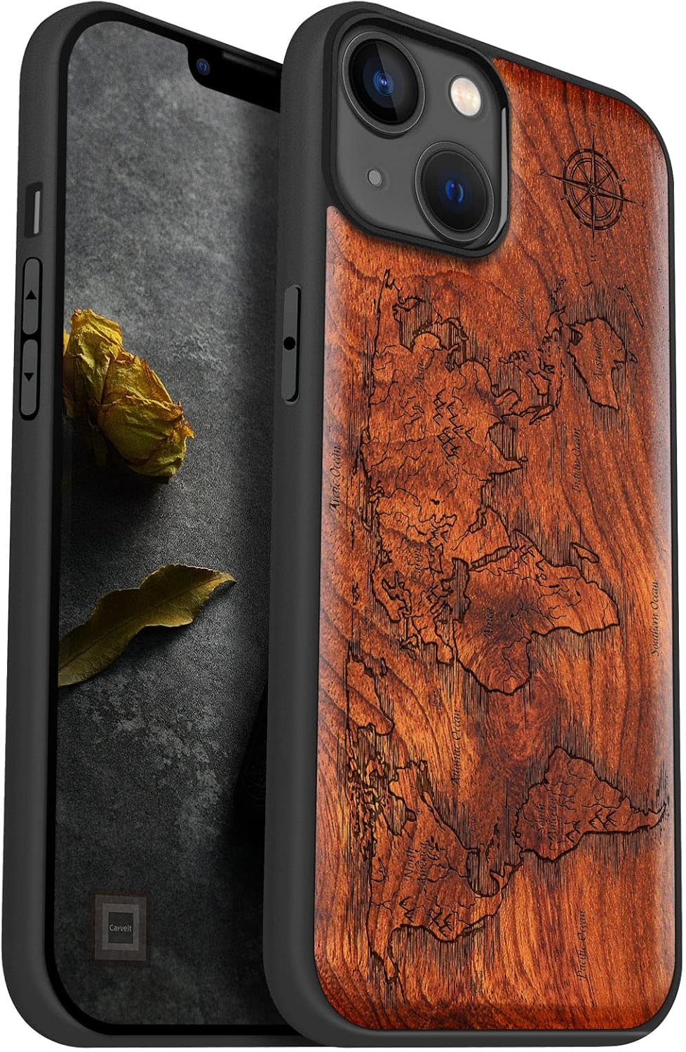 Carveit Magnetic Wood Case for iPhone 14 Plus Case [Natural Wood & Black Soft TPU] Unique & Classy Wooden Shockproof Protective Cover Compatible with magsafe (Compass Maps -Rosy)