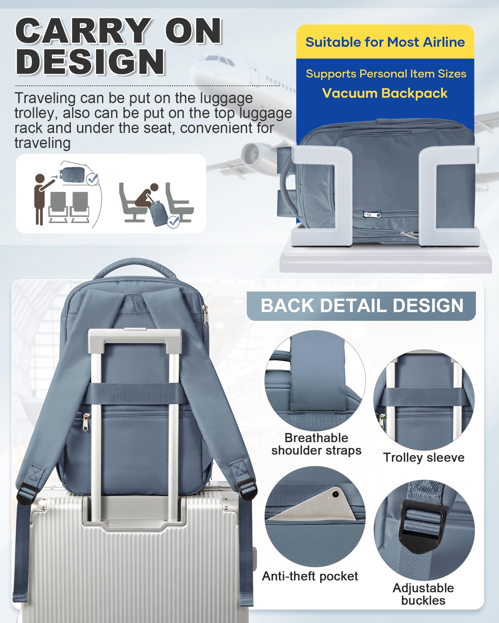 SZLX Zaino Ryanair 40x20x25 Donna Zaino da Viaggio Sottovuoto con pompa Bagaglio a Mano Sottovuoto Viaggio Uomo Borse da Cabina 45x36x20 Easyjet con scomparto per scarpe per Laptop da 14 Pollici