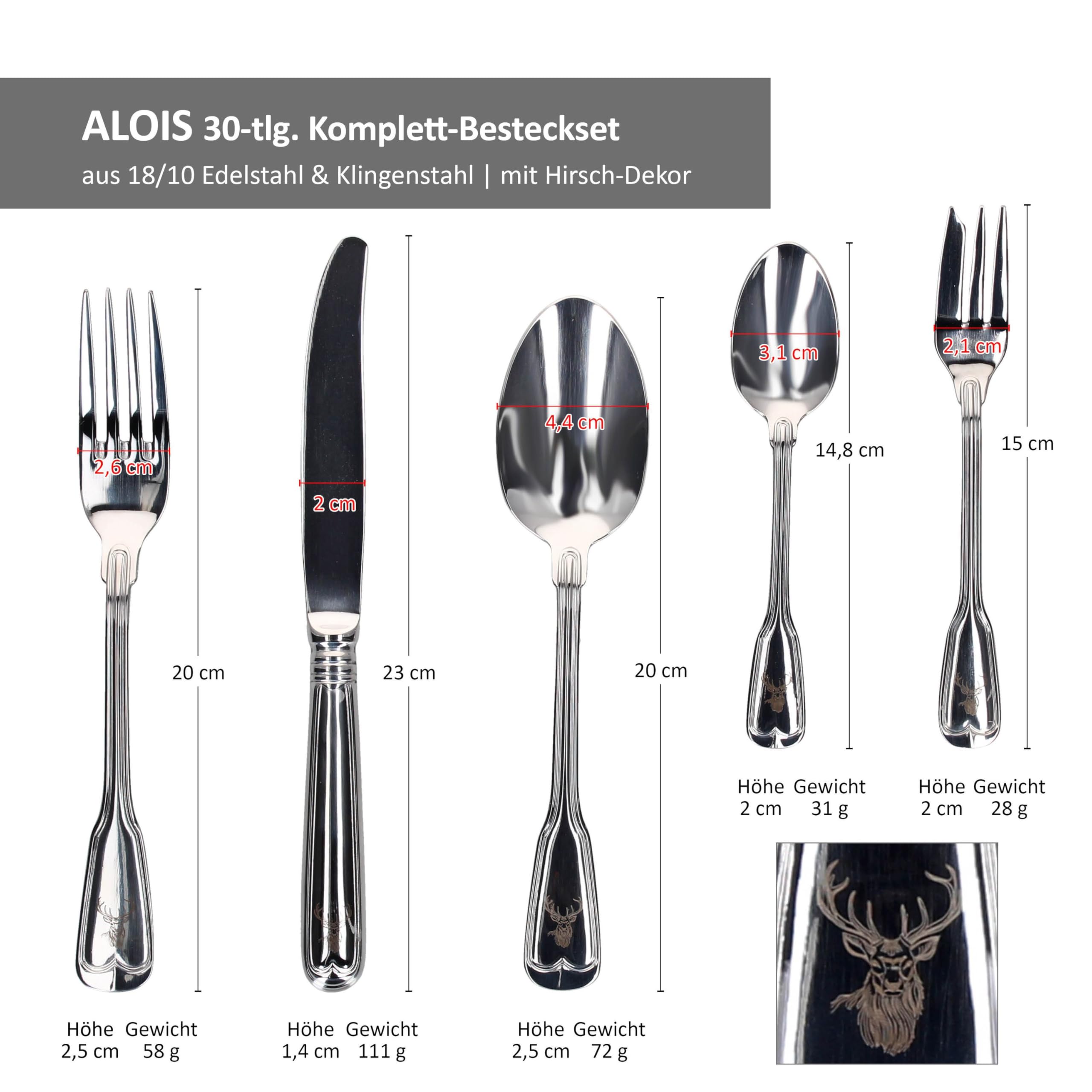 MamboCat Alois 60tlg Komplett-Besteck-Set I für 12 Personen I Augsburger Faden mit Hirsch-Design I aus rostfreiem poliertem 18/10 Edelstahl & Klingenstahl I Gabel, Messer & Löffel