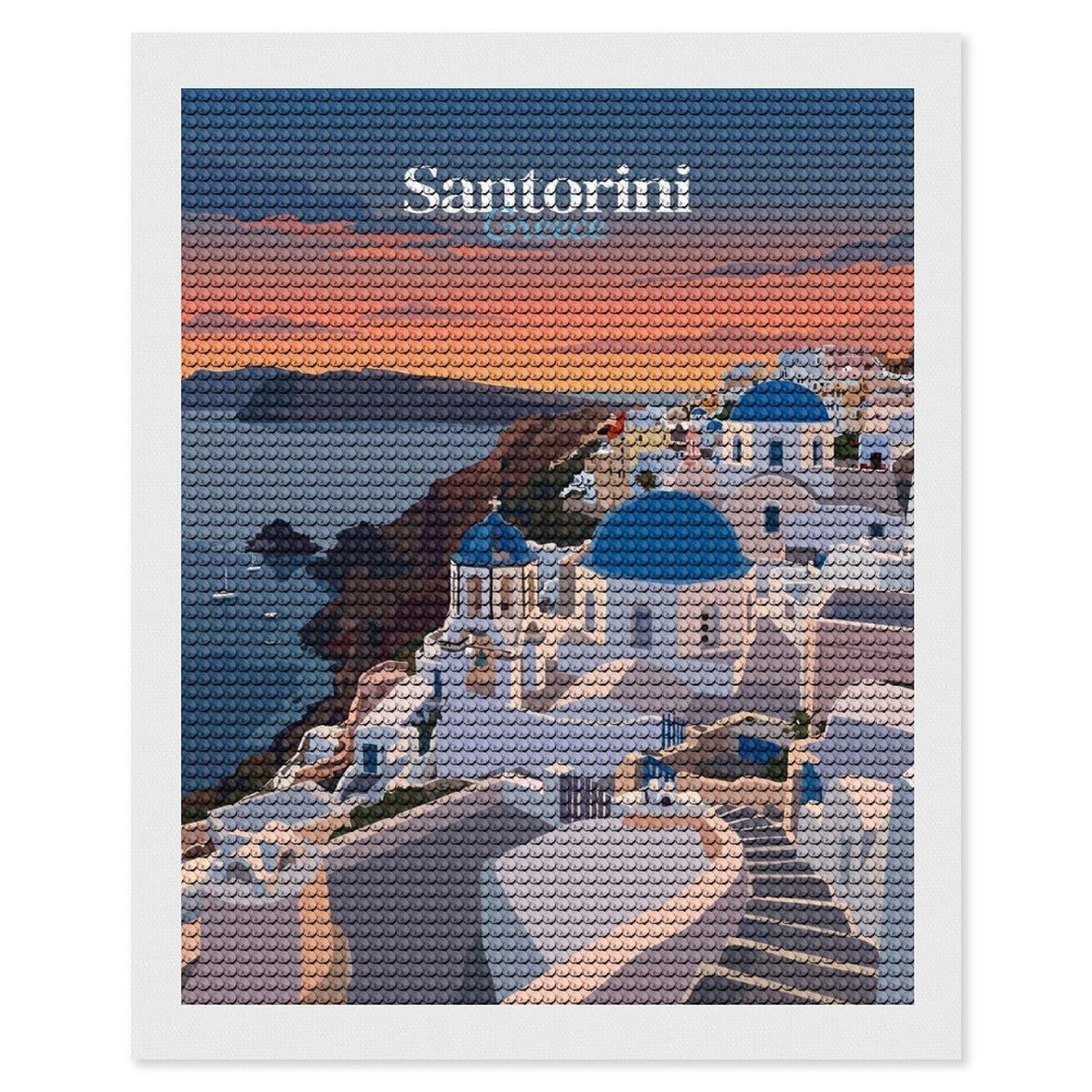 Junmoney Santorini Greece Travel (4) Crystal Diamond Art Kit 16"x20", Round Gems, Detailed Printed Canvas, Creative Gift Idea, Vintage Style Decor