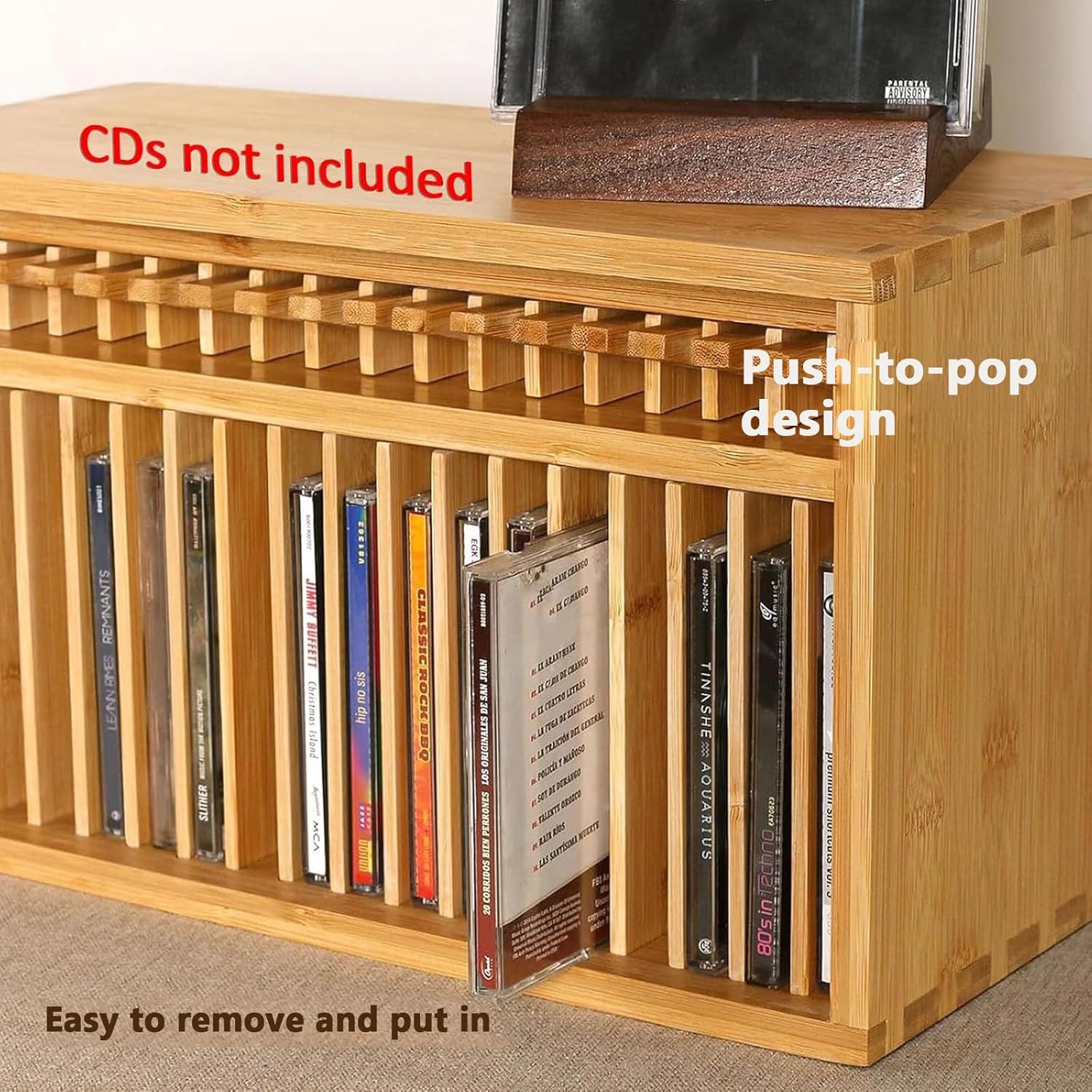 Desktop CD Storage Rack, Wooden DVD Organizer Stand, Vintage Farmhouse Style, with 19 Standard CD Cases, CD Cases 14 X 1.4 X 14.5cm, Fit for Theatre Room