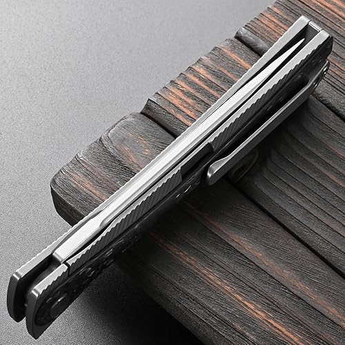 Miniatura 7 de Sitivien ST994 Cuchillo plegable, hecho a mano, hoja de acero cepillado M390 con mango de fibra de carbono de titanio, cuchillo de herramienta EDC
