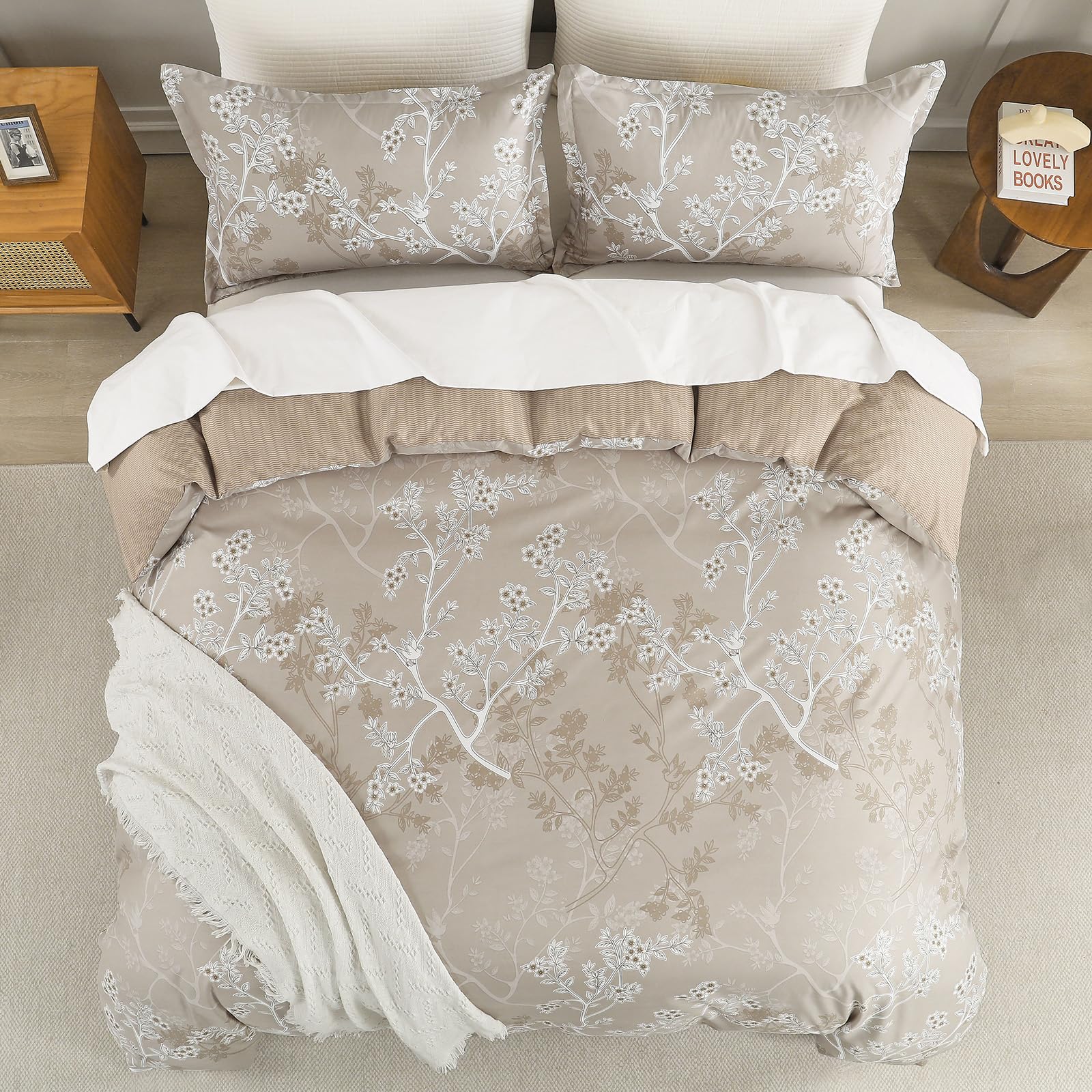 DJY Khaki Double Duvet Cover Floral Bedding Set - Image 3