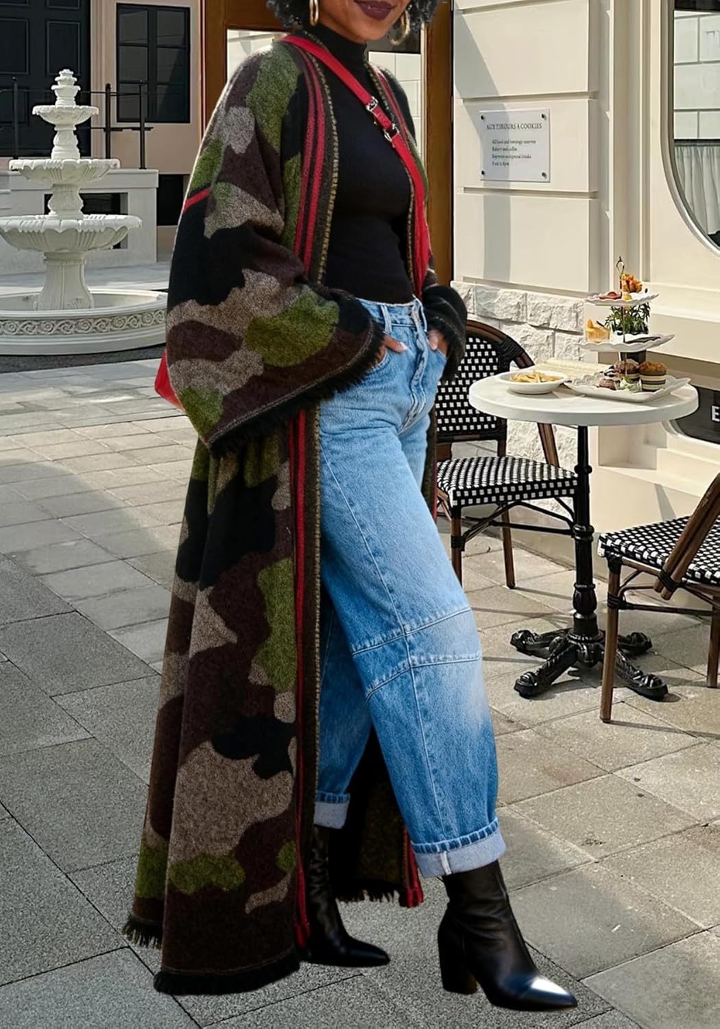 Womens Long Open Front Cardigans Long Sleeve Camo Shawl Sweater Chunky Cable Knit Fringed Outwear Coat - Image 4