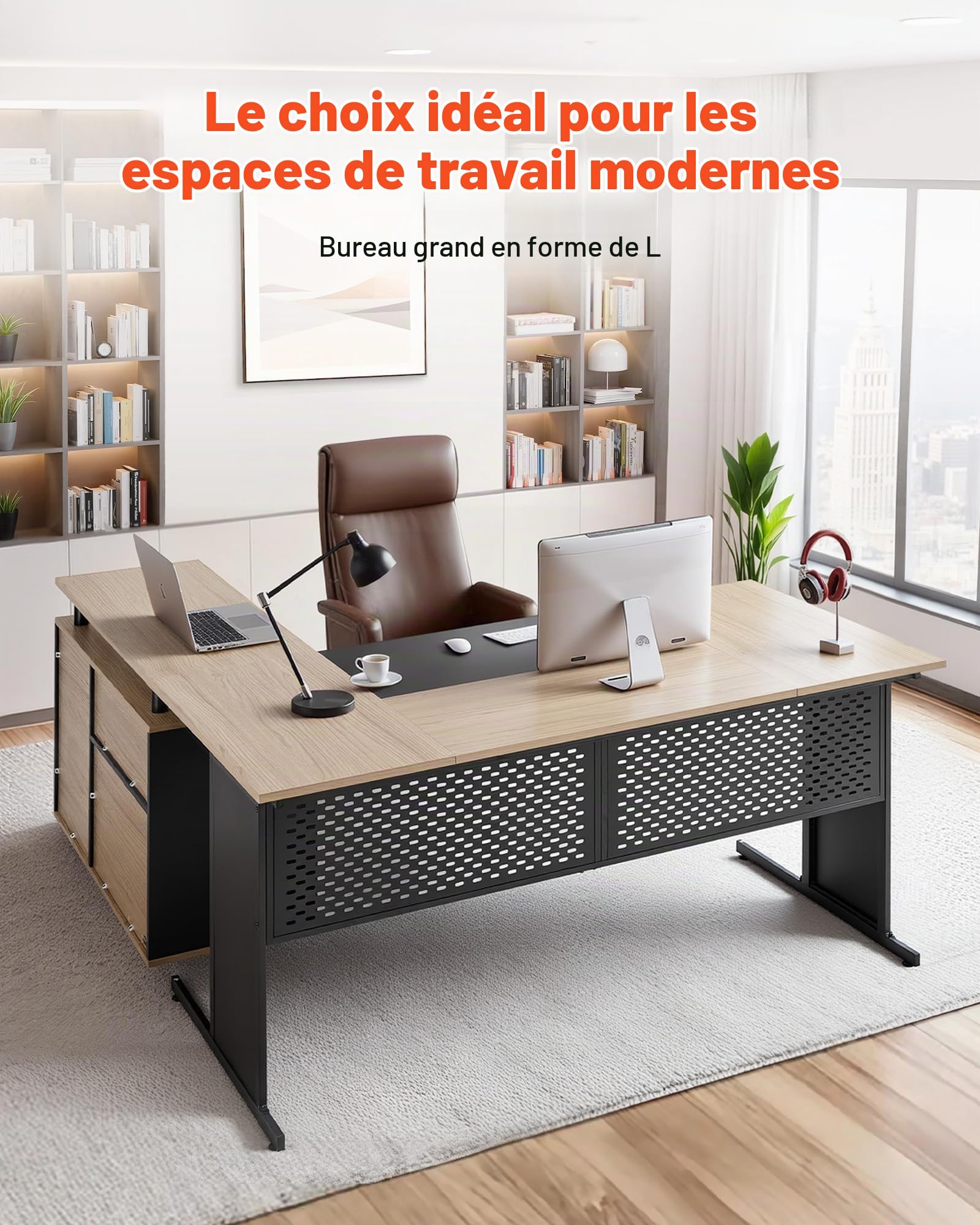 VEVOR Bureau de Direction en L, Charge de 158,7 kg, Bureau d'ordinateur Moderne et réversible avec tiroirs et Armoire de Rangement, Grande Table d'étude en Bois Robuste, pour Travail et écriture