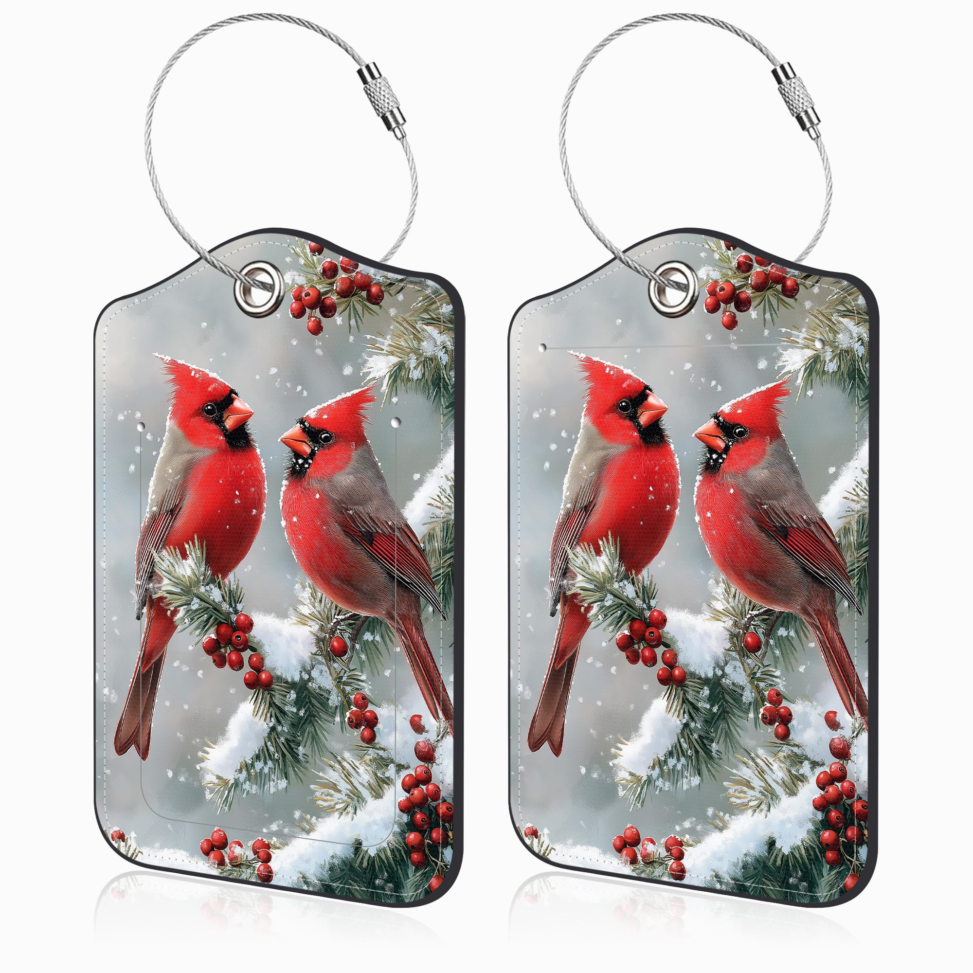 Red Cardinals on Snowy Branches Set of 2 Luggage Tags for Suitcases Leather Suitcase Tags Identifiers with Privacy Name Address Label and Stainless