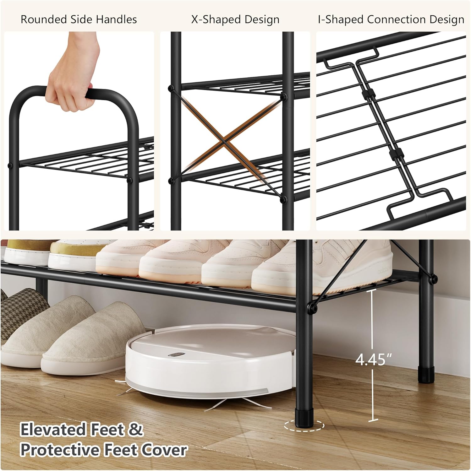 Components of the Hoctieon 4 Tier Mesh Style Shoe Rack laid out
