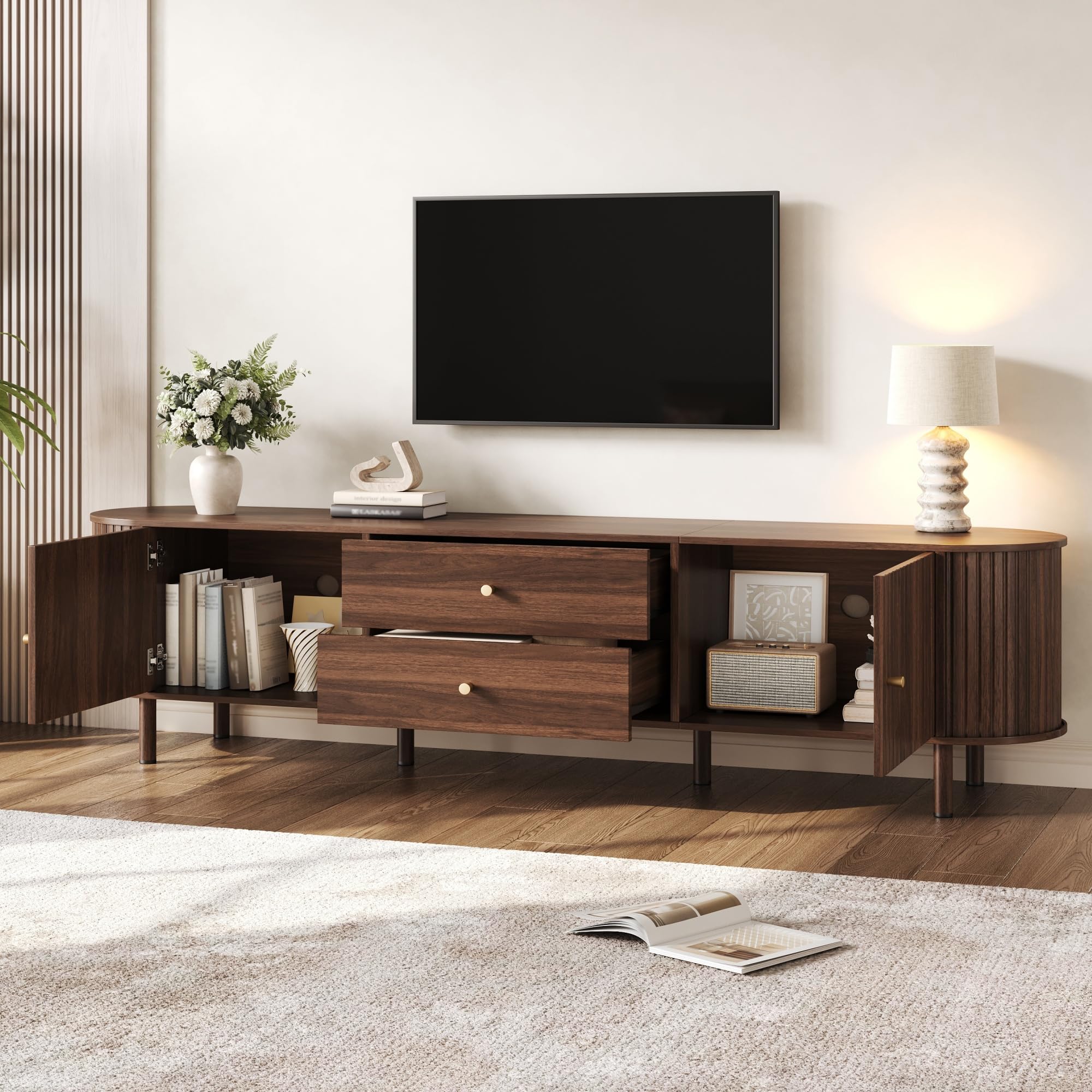 180 cm TV Schrank, Ovaler Lowboard mit Schiebetüren für Wohnzimmer | TV Bänke 180x40x58cm, Ovaler Schrank mit Schiebetüren und 2 Schubladen, TV-Möbel in Holzoptik