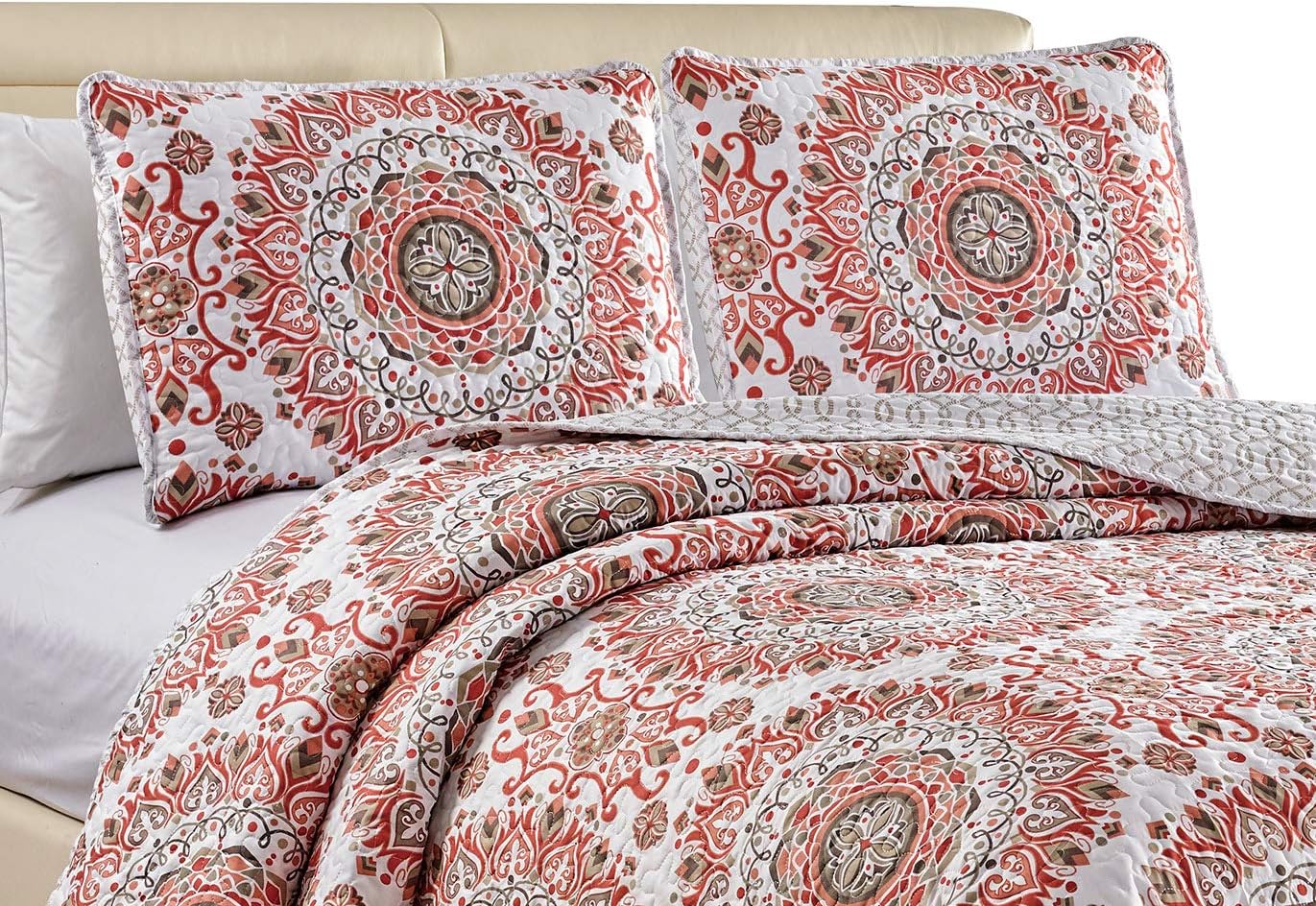 Home Collection Quilted Bedspread Set Floral Bedding Coral Salmon Sage Green Grey Taupe Over Size New # Sara (Full/Queen)