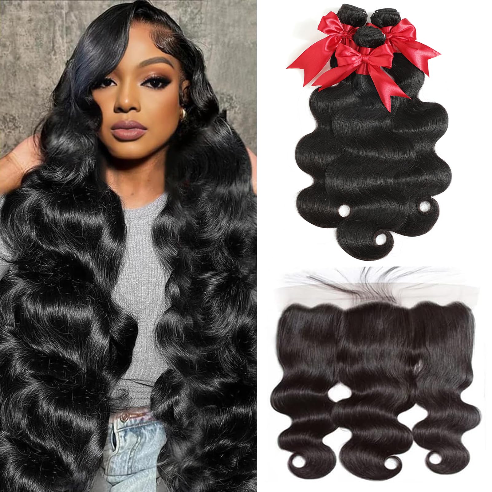 12A Human Hair Bundles with Frontal 10 12 14 with 10 Inch Brazilian Body Wave Bundles Human Hair with Frontal Closure 100% Unprocessed Virgin Human Hair Weave 3 Bundles Deals with 13x4 HD Lace Frontal