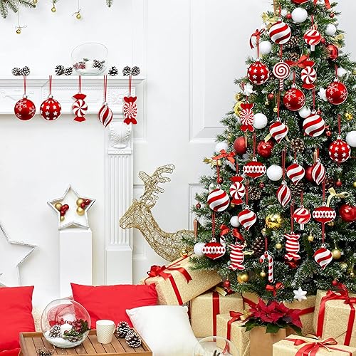 Miniatura 5 de 36 adornos colgantes de caramelo de Navidad, de madera, piruleta de menta, bastón de caramelo, adornos de árbol rojo y blanco con cuerda para árbol