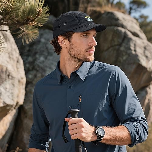 Vista 2 de Clakllie Sombrero de ala plana de 5 paneles sin estructura, gorra de ala corta de secado rápido, gorra de béisbol de nailon transpirable