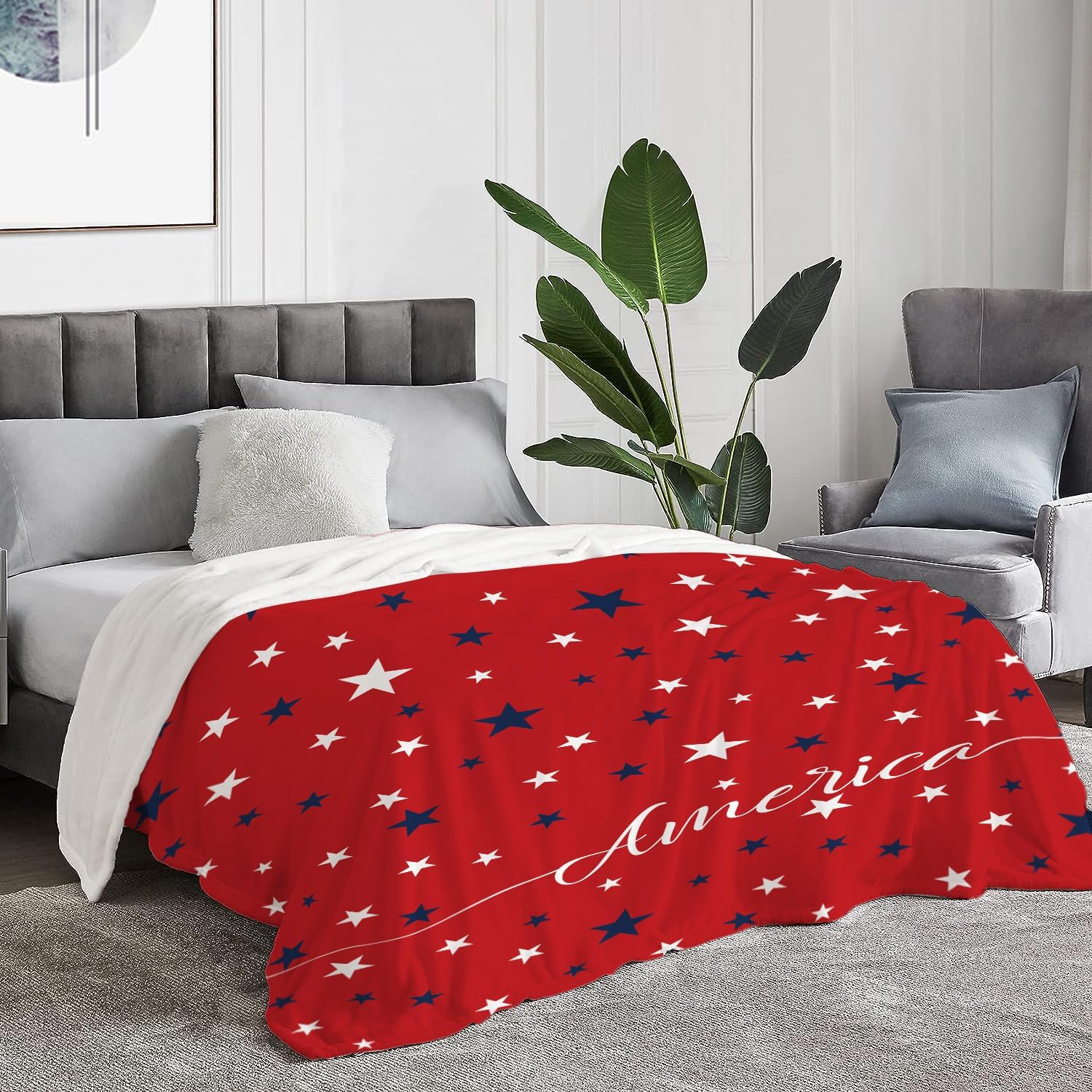 Neatee Living Patriotic Throw Blanket King Size 4th of July Memorial Day Fourth of July American Freedom Veteran Blanket Bed Red White Blue Stars Soft Fleece Blanket Home Decorations 90x108
