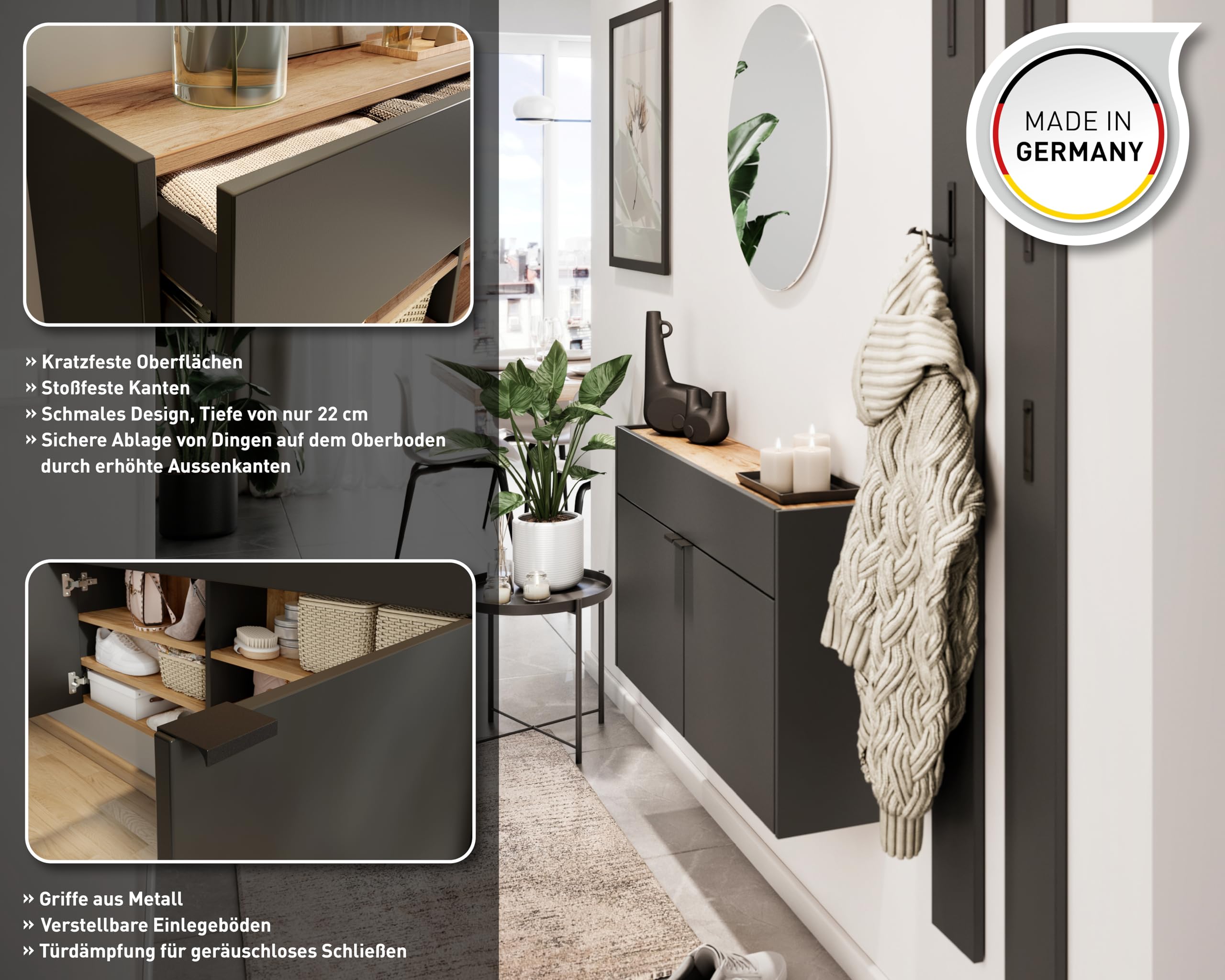 Germania Armadio pensile multiuso con finitura grigio grafite/rovere 1398-549 GW-Ameca, profondità ridotta, ideale per corridoi stretti, 110 x 57 x 22 cm (L x A x P)