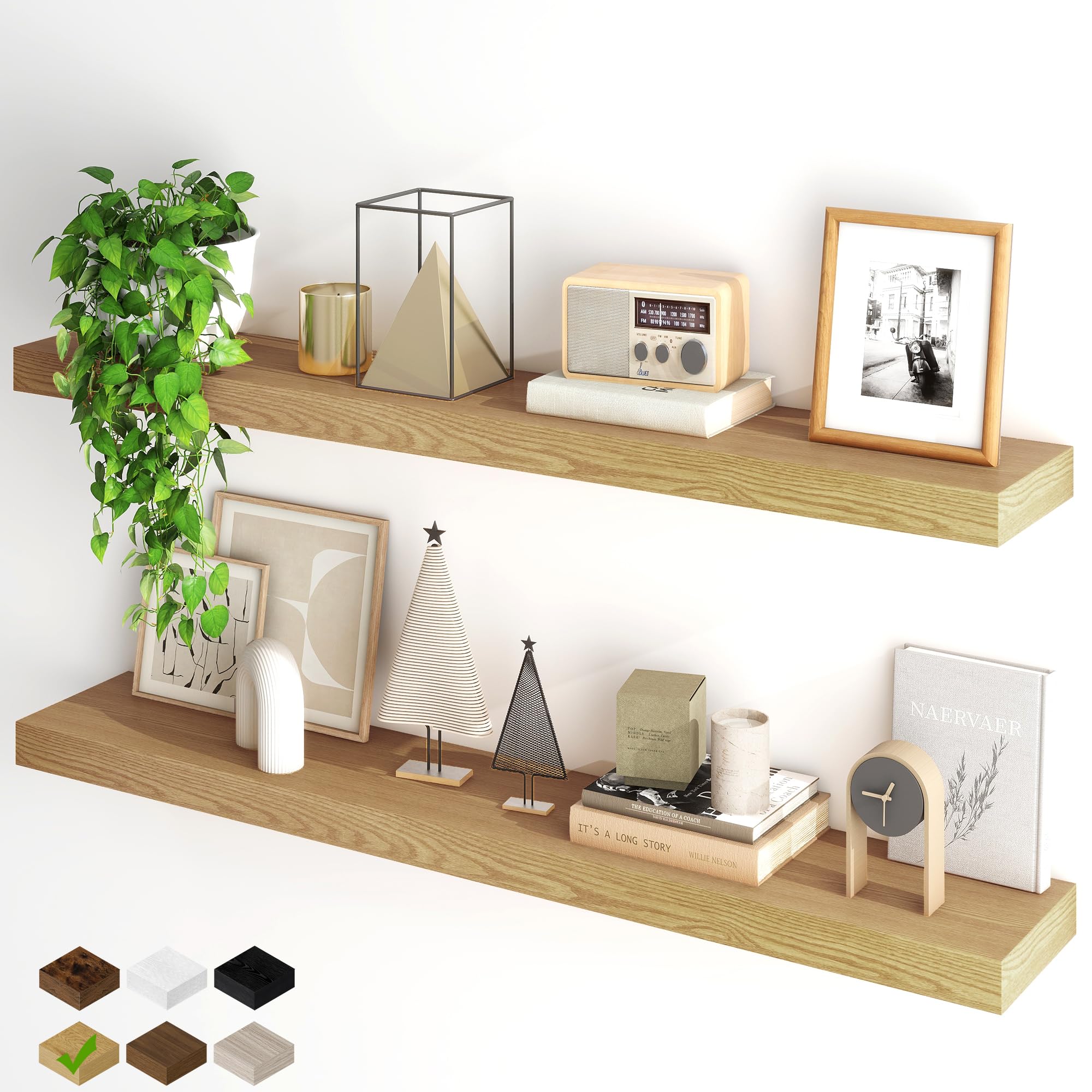 Fun Memories Floating Shelves for Wall, 48Inch Floating Shelves Set of 2, Hanging Shelf with Invisible Brackets, Wood Shelves for Living Room, Bedroom