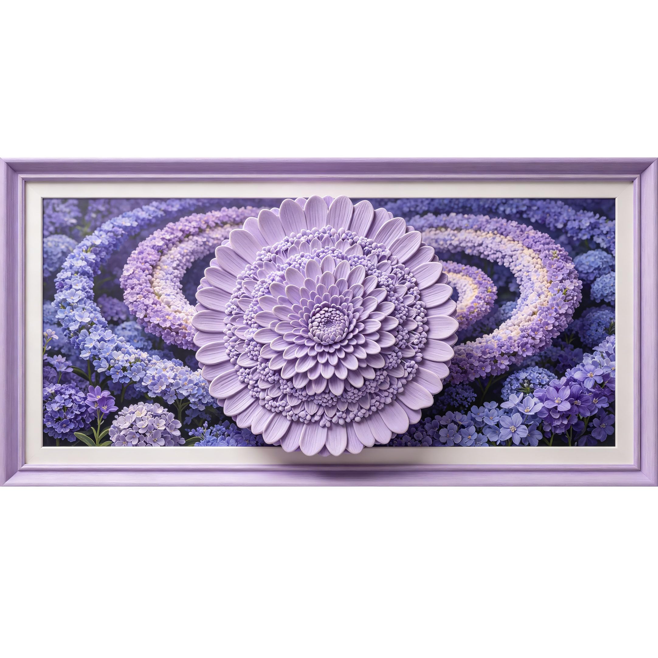 Agglomerix 3D Framed Wall Art Lavender Chrysanthemum Floral Botanical Textured Relief Effect Large Size Self-Adhesive Removable Wall Decor Prints Artwork for Living Room Bedroom Office
