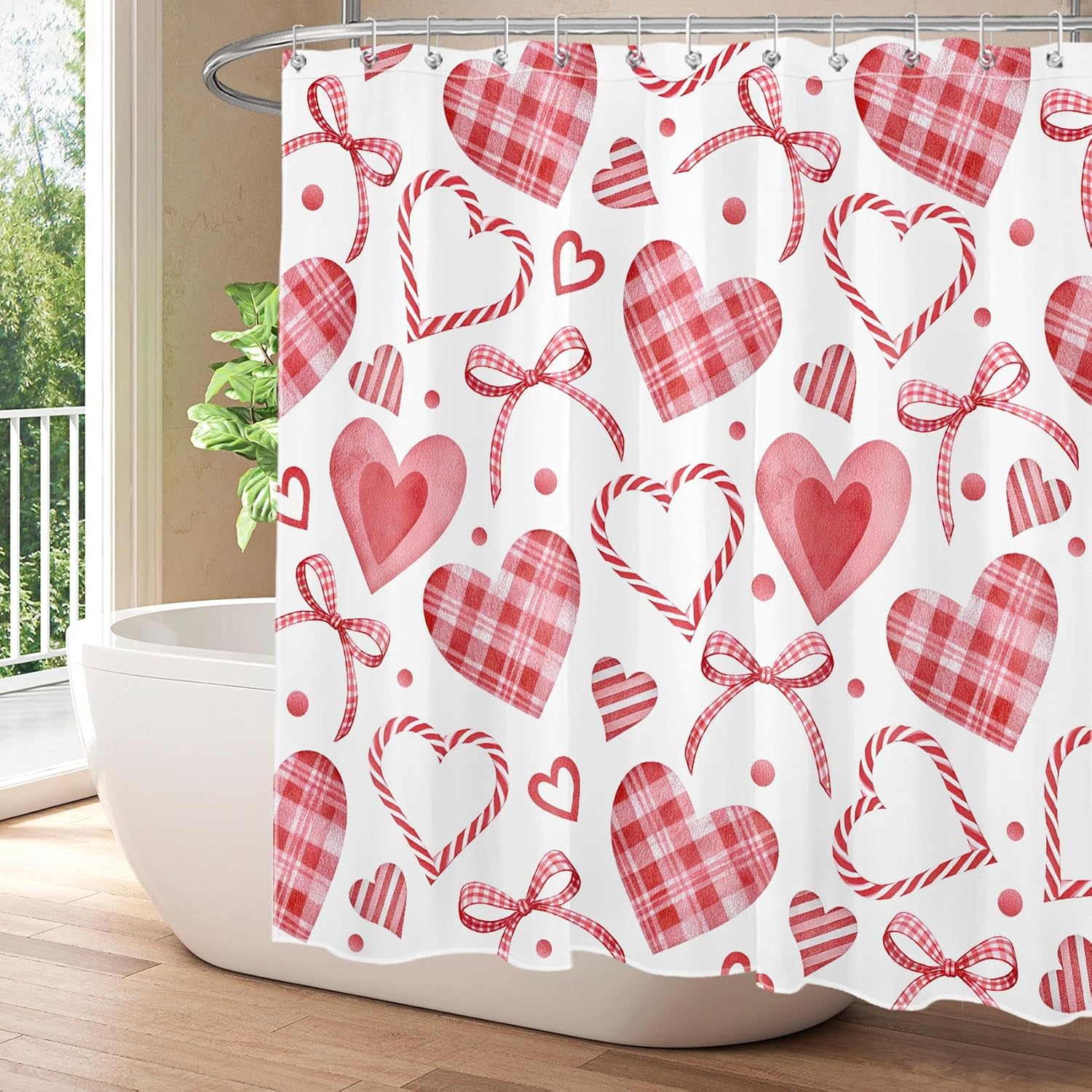 Valentines Day Shower Curtain for Bathroom, Pink and White Plaid Heart Bow Shower Curtain Set Romantic Holiday Bathroom Curtains Shower Set, 72W x 78L inches