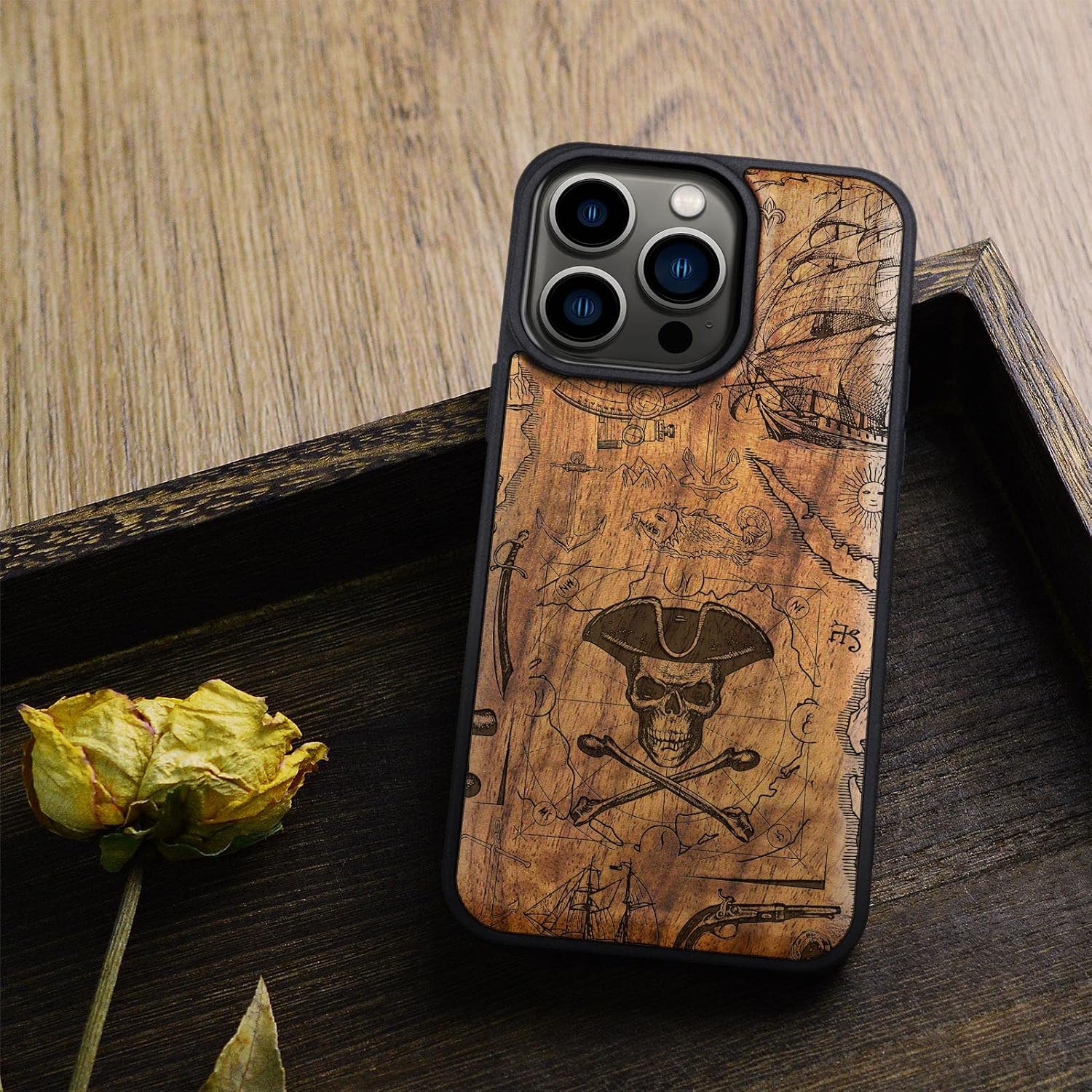 Carveit Magnetic Wood Case for iPhone 14 Pro Case [Natural Wood & Black Soft TPU] Unique & Classy Wooden Shockproof Protective Cover Compatible with magsafe (Pirate Flag -Walnut)