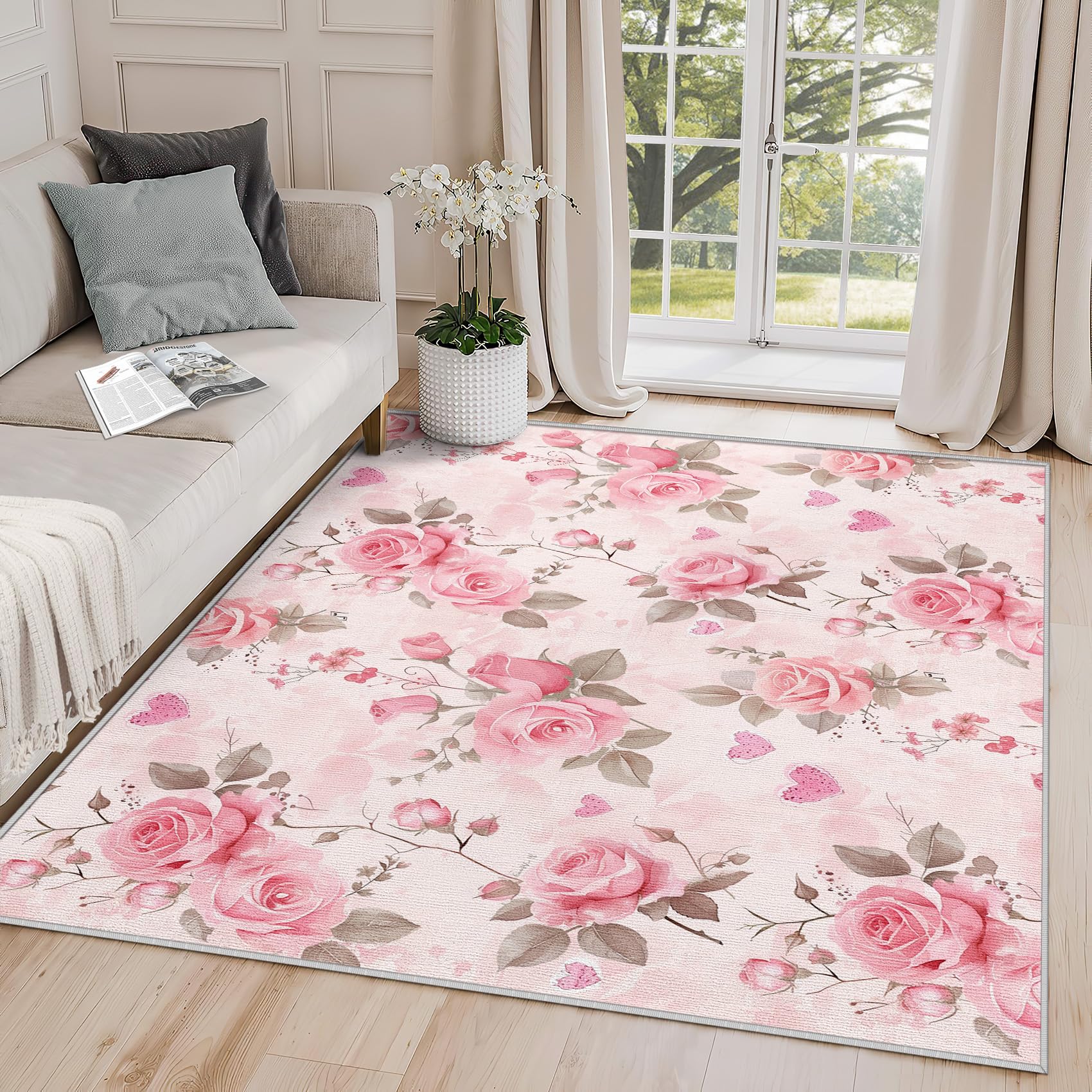 Yoozitrees 3x5 Rug, Floral Door Mat Washable Non Slip Soft for Entryway, Pink Rose Flower Rug, Girls Spring Carpet, Floral Home Decor & Gifts