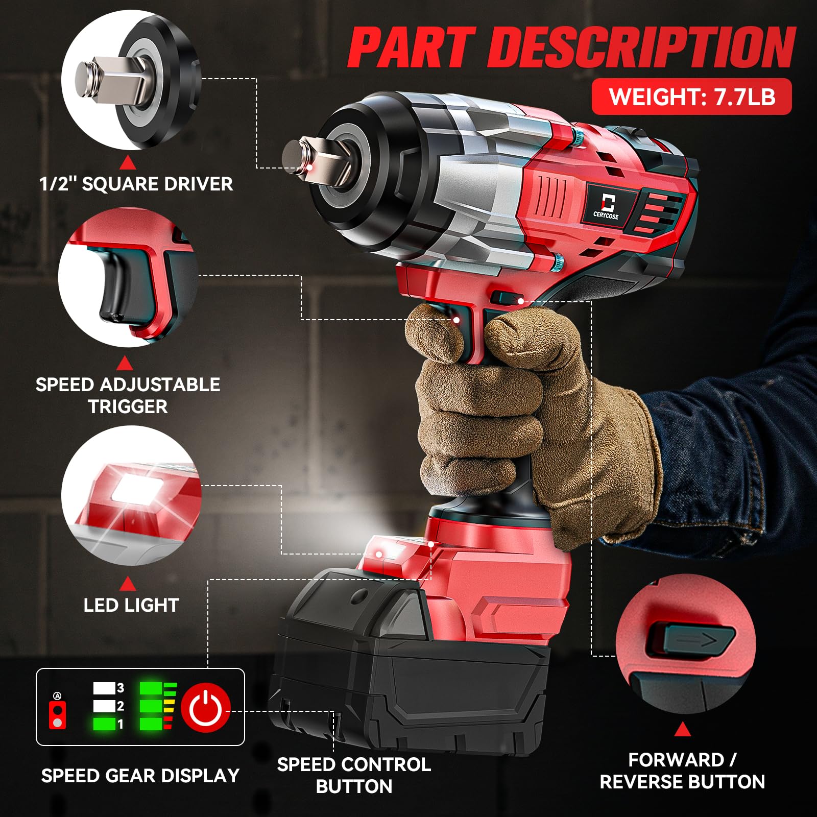Llave de impacto inalámbrica de 1/2 pulgada para batería Milwaukee de 18 V: llave de impacto de alto par de 1400 pies de libra, herramienta resistente, pistola de impacto eléctrica sin escobillas