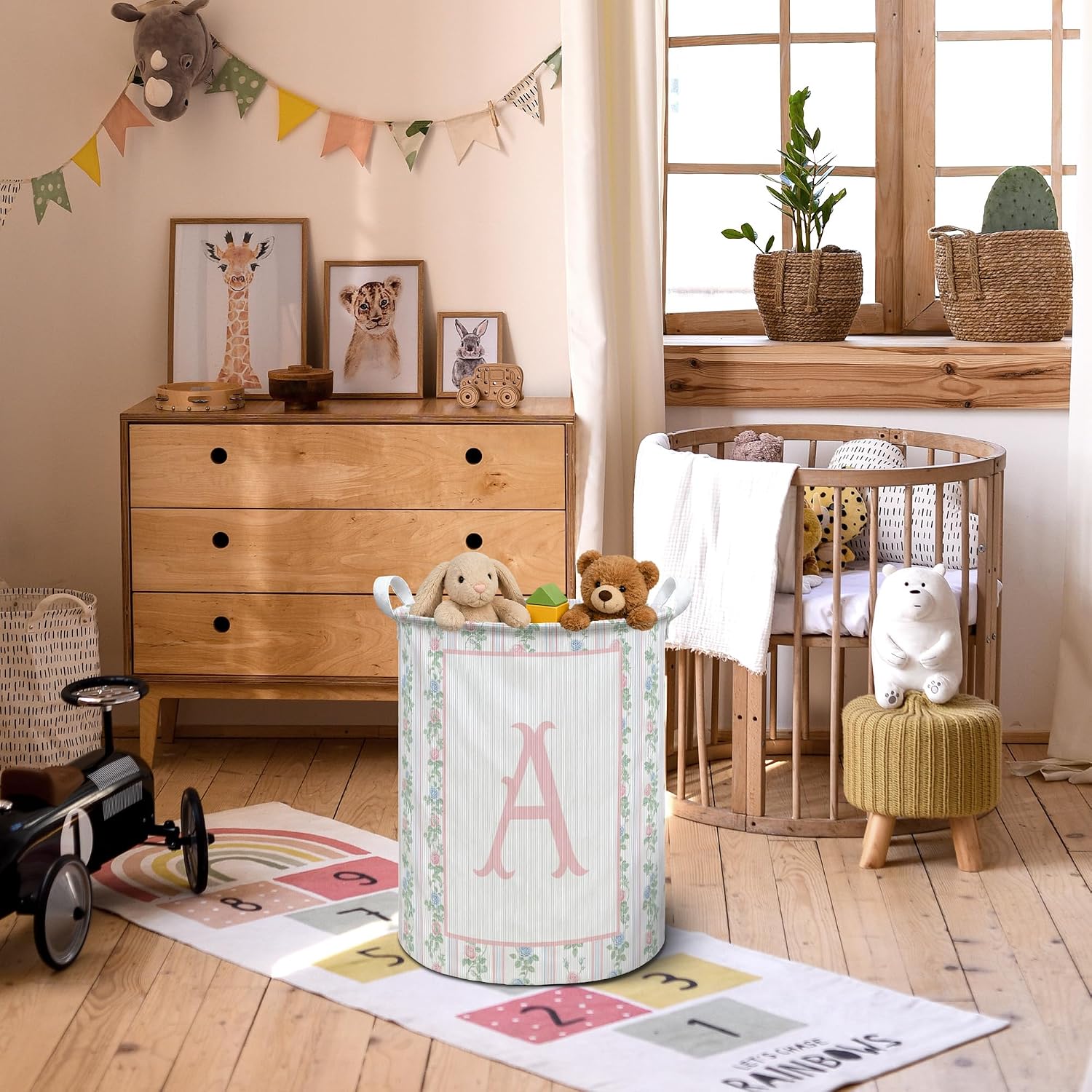 Coquette Pink Initial Letter A Laundry Hamper Basket, Grandmillennial Baby Girl Decor Dirty Clothes Hamper, Floral Nursery Decor Collapsible Laundry Bin Organizer Storage Basket, 13.8x17.8 Inch image 2