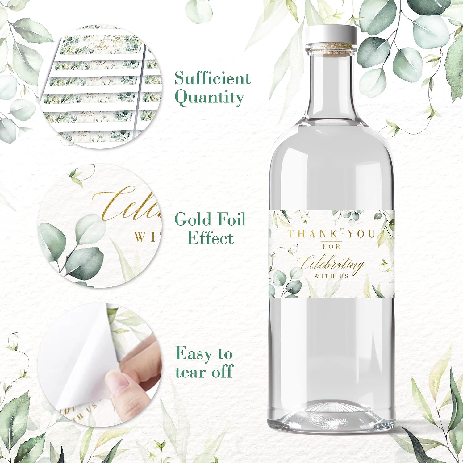 Mobiusea Creation Wedding Water Bottle Labels Greenery Gold Foil 50pcs image 4