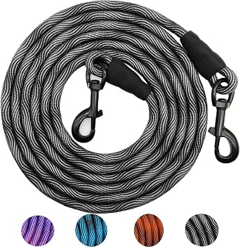 MayPaw 8FT/10FT Dog Tie Out/Check Cord, Heavy Duty Nylon Rope Training Leash, 3/8-Inch Thick Dog Tether for Medium Large Dogs Indoor or Outdoor Camping, Hiking 10ft, Black Grey