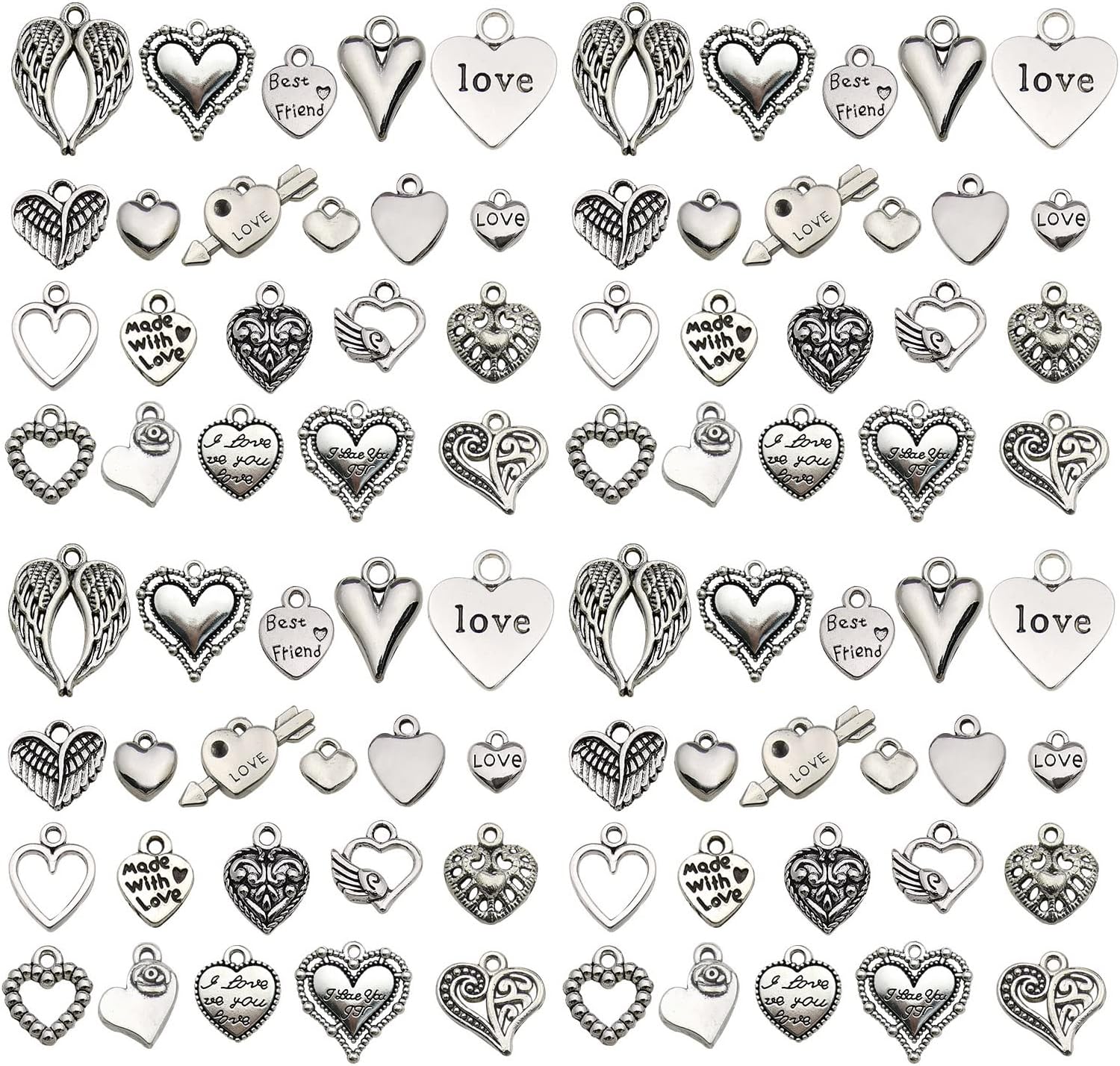 WOCRAFT 120pcs Antique Silver Heart Charms for Jewelry Making Alloy Valentine's Day Wedding Heart Charms for DIY Crafts (SN017)